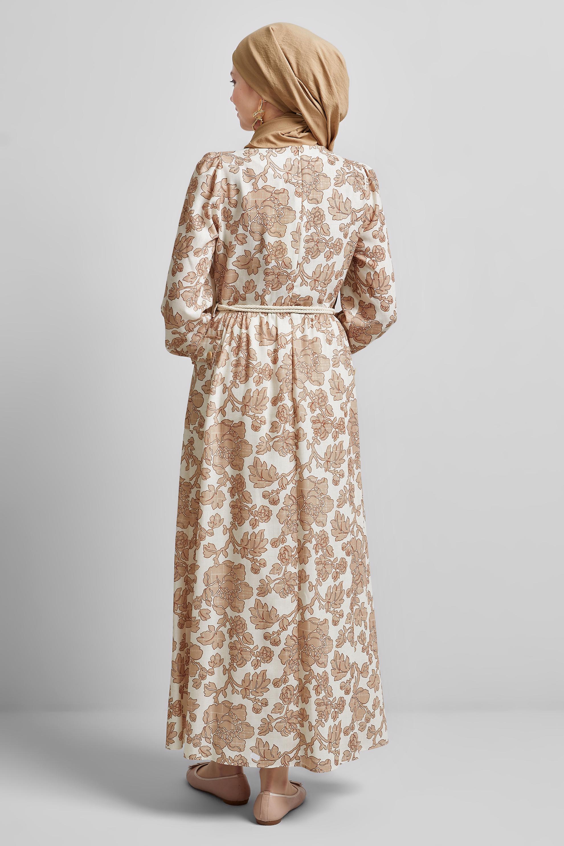 Tesettür giyim VİZON KEMERLİ DESENLİ ELBİSE 45458