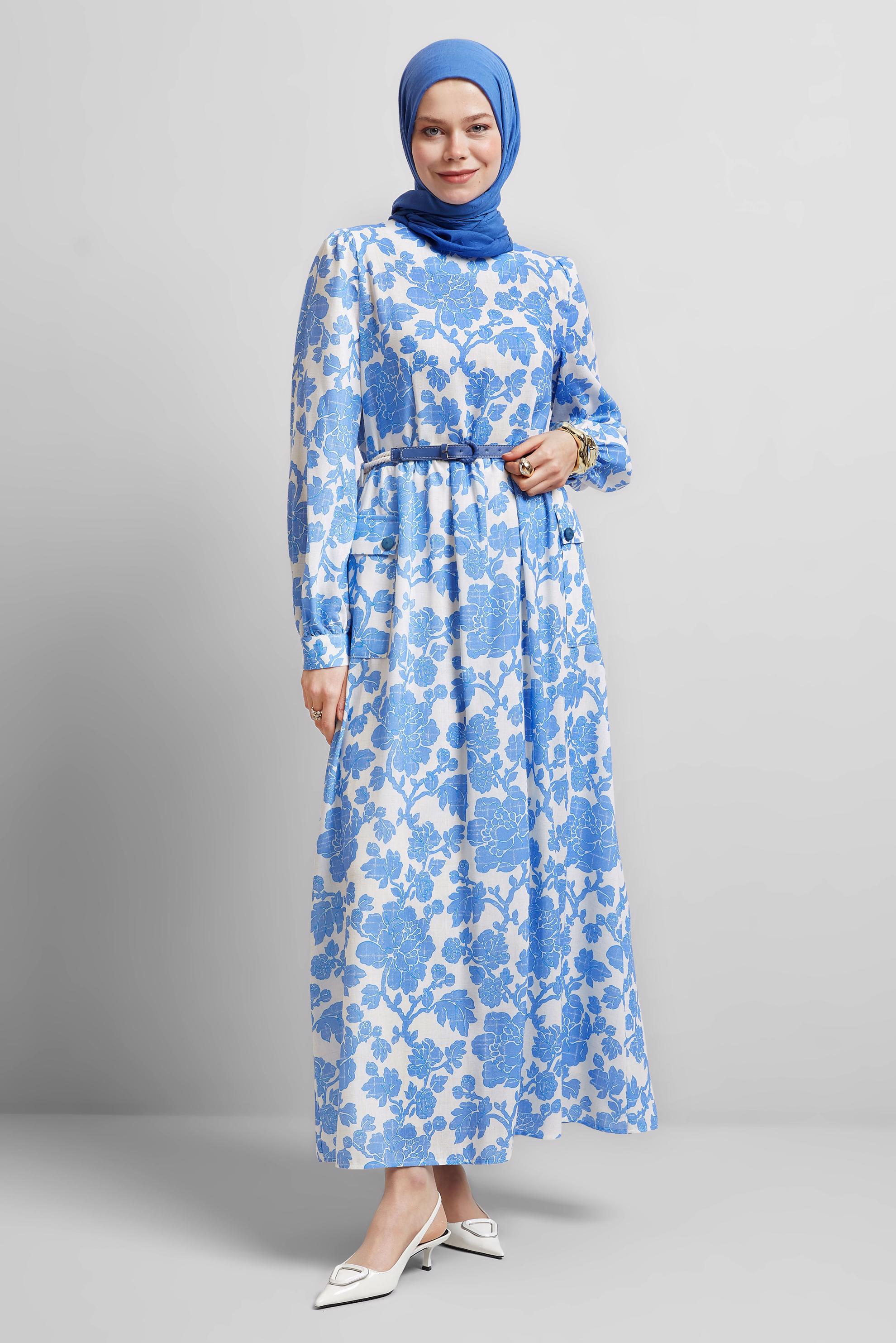 Tesettür giyim LACİVERT KEMERLİ DESENLİ ELBİSE 45458