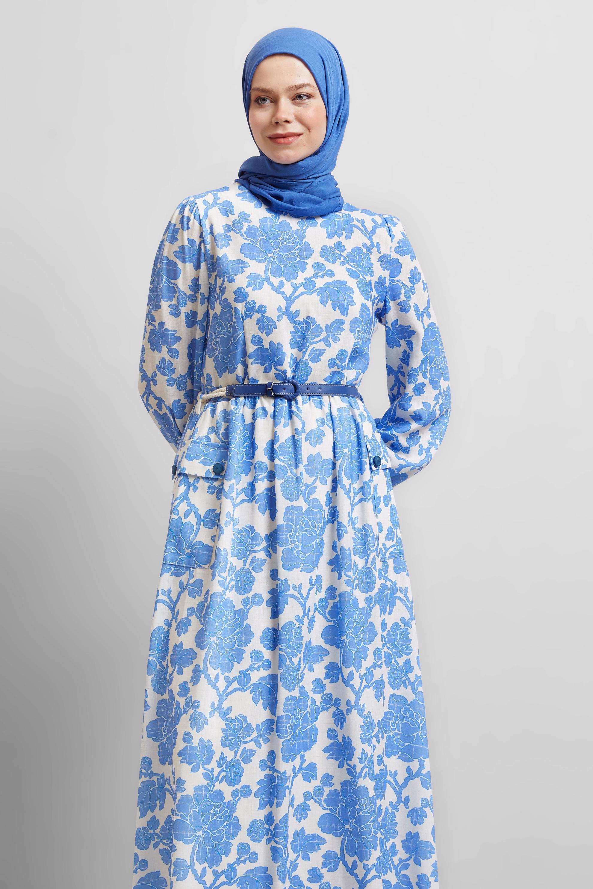 Tesettür giyim LACİVERT KEMERLİ DESENLİ ELBİSE 45458