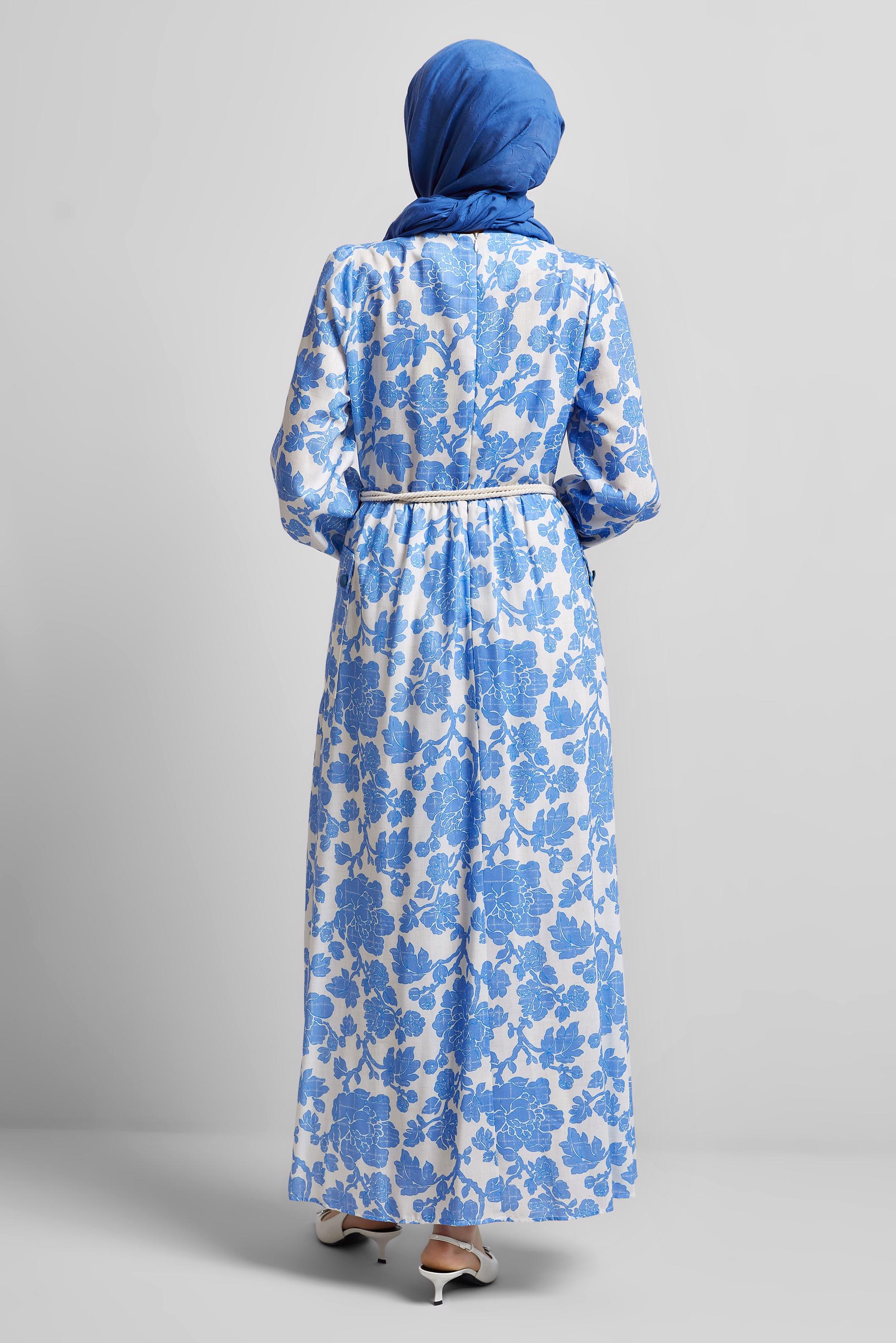 Tesettür giyim LACİVERT KEMERLİ DESENLİ ELBİSE 45458