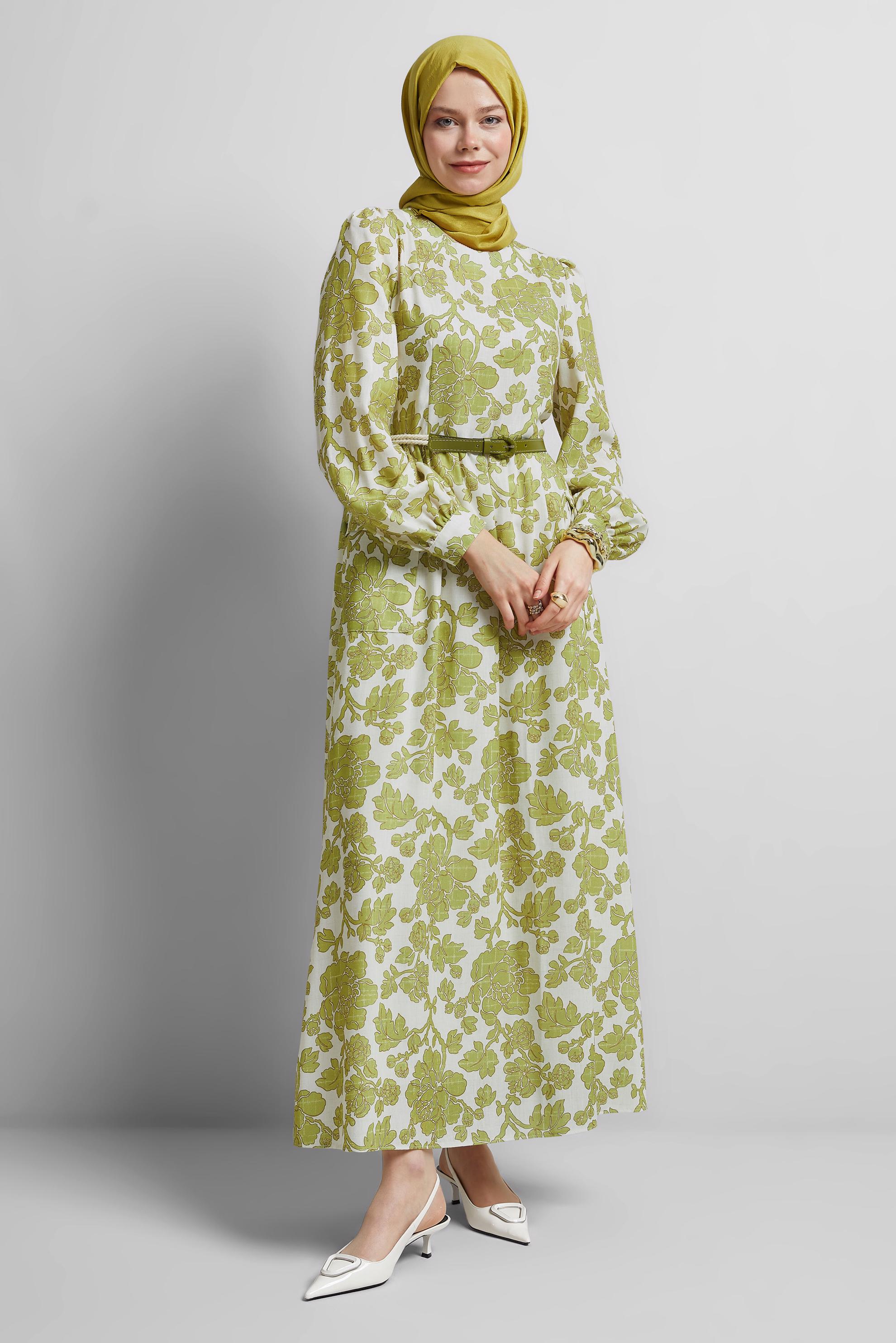 Tesettür giyim YEŞİL KEMERLİ DESENLİ ELBİSE 45458