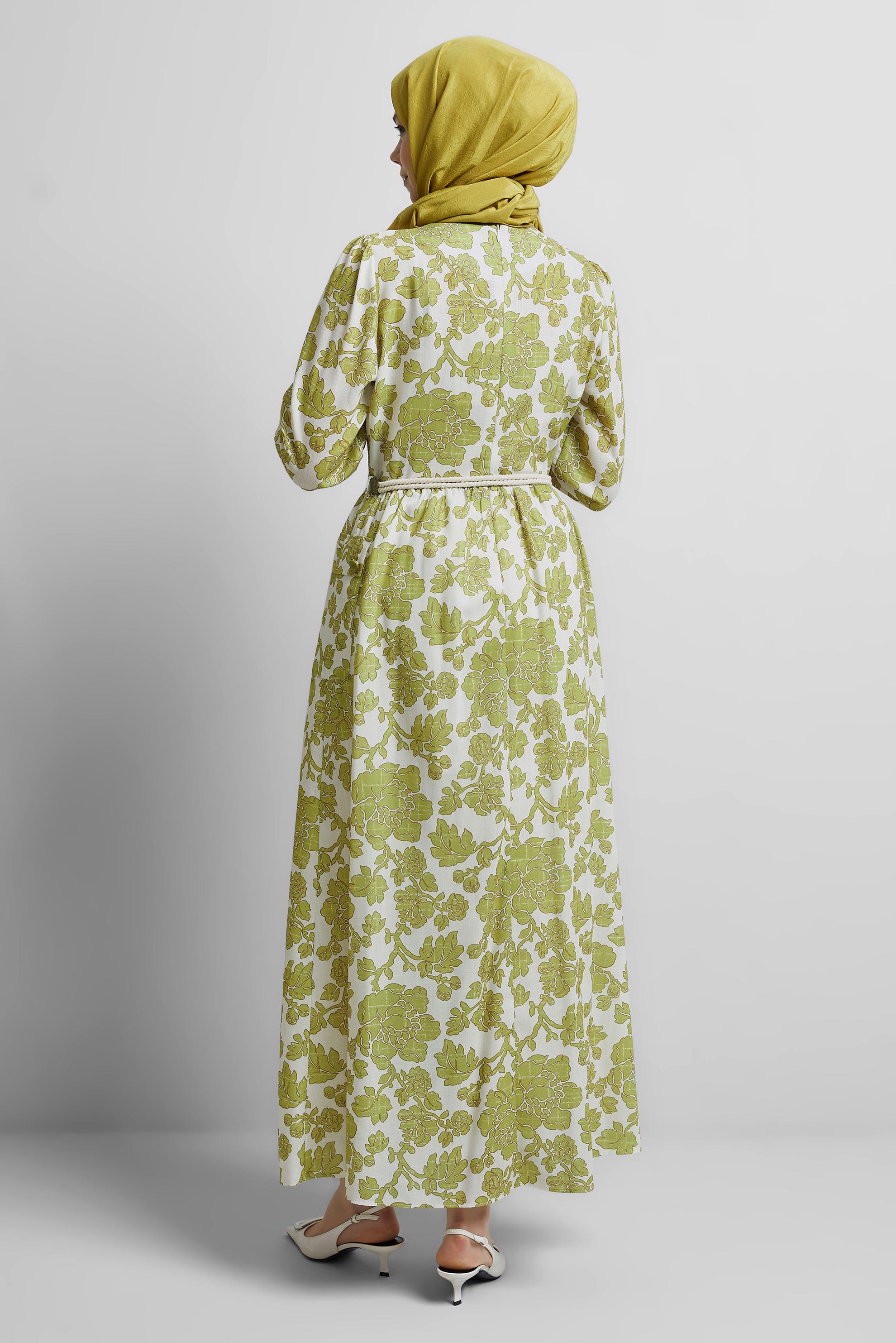 Tesettür giyim YEŞİL KEMERLİ DESENLİ ELBİSE 45458