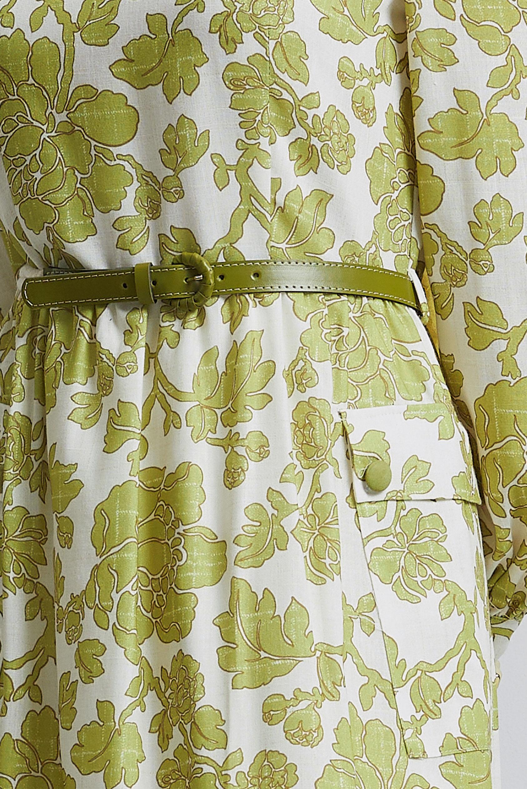 Tesettür giyim YEŞİL KEMERLİ DESENLİ ELBİSE 45458