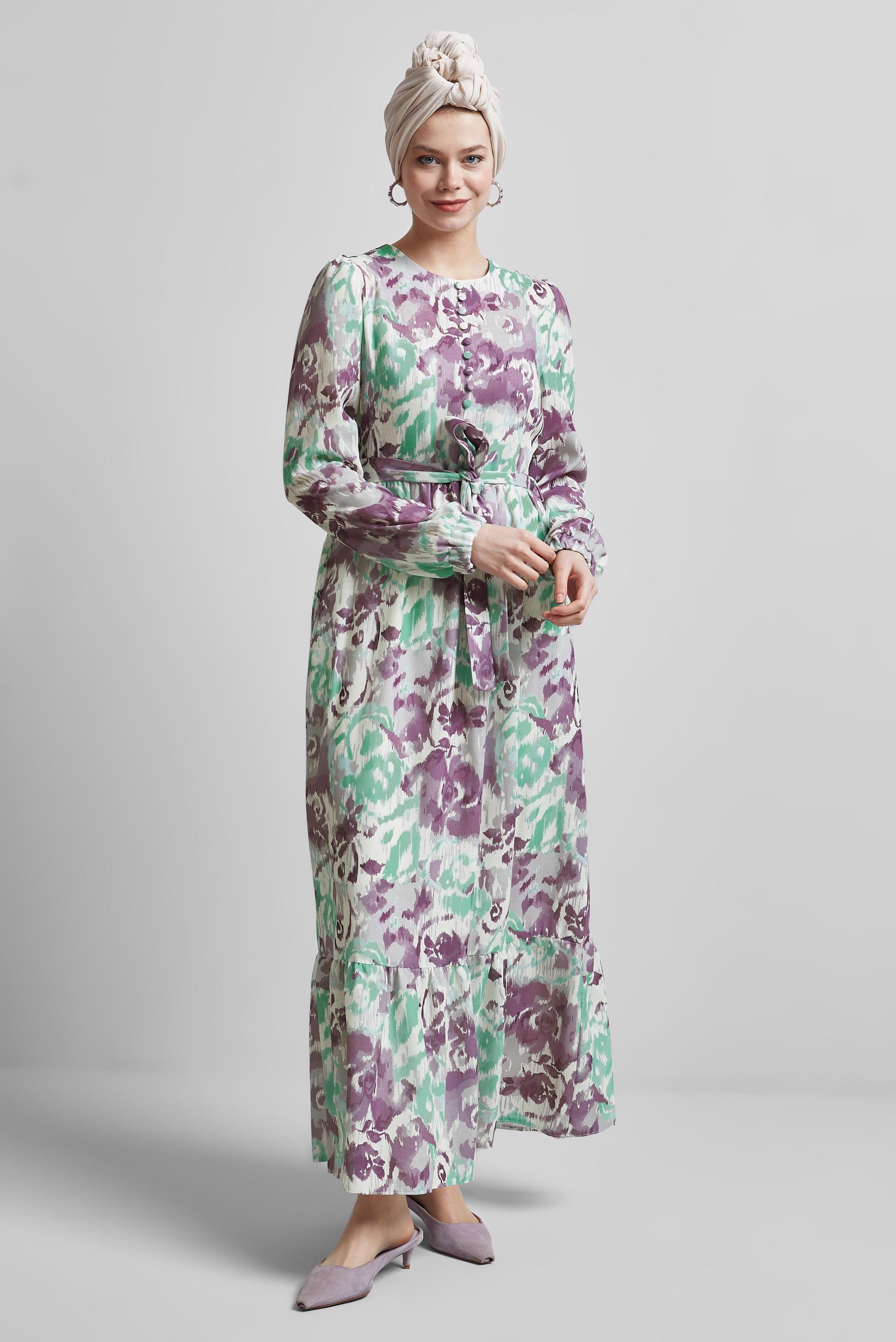 Tesettür giyim MOR KUŞAKLI DESENLİ ELBİSE 45459