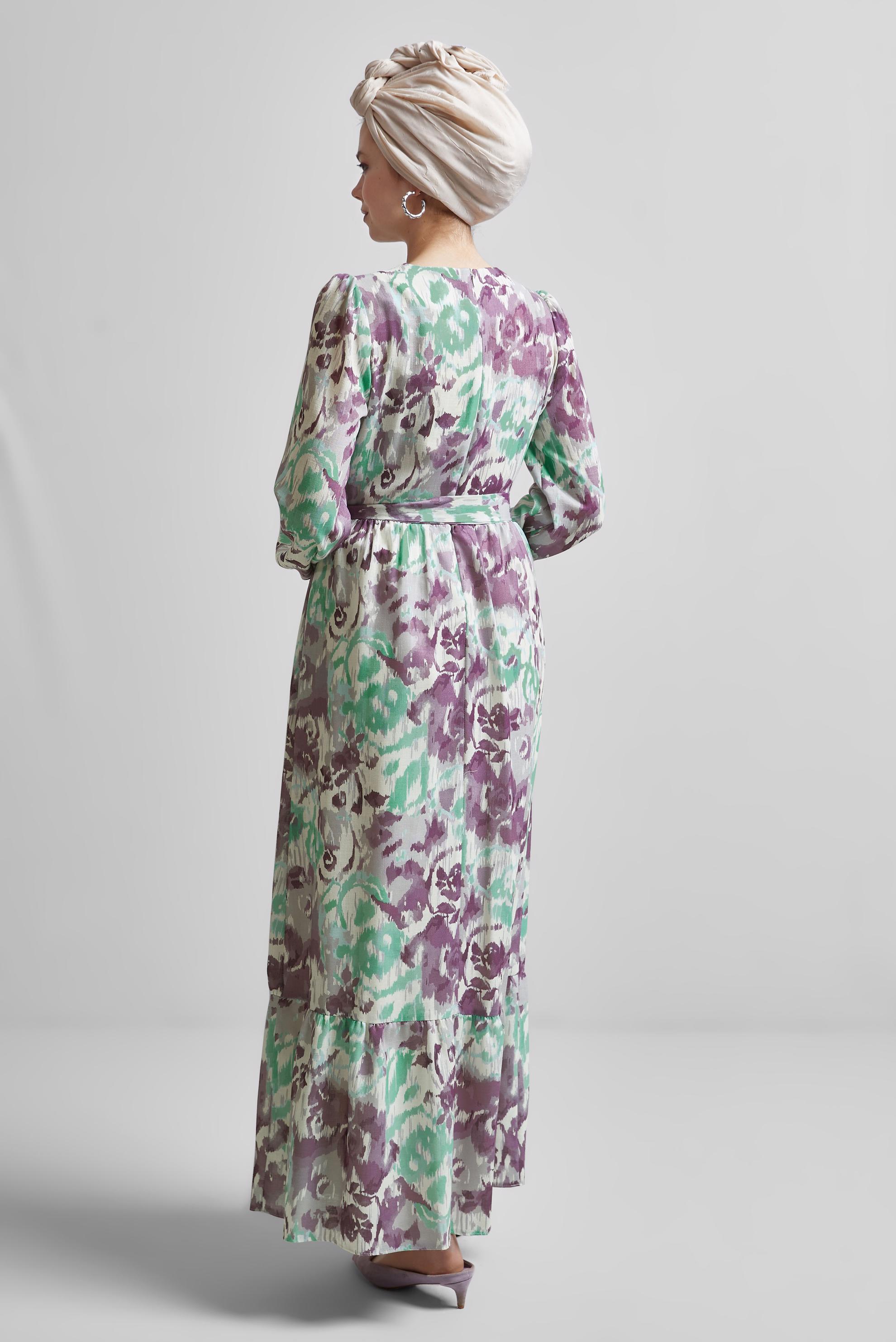 Tesettür giyim MOR KUŞAKLI DESENLİ ELBİSE 45459