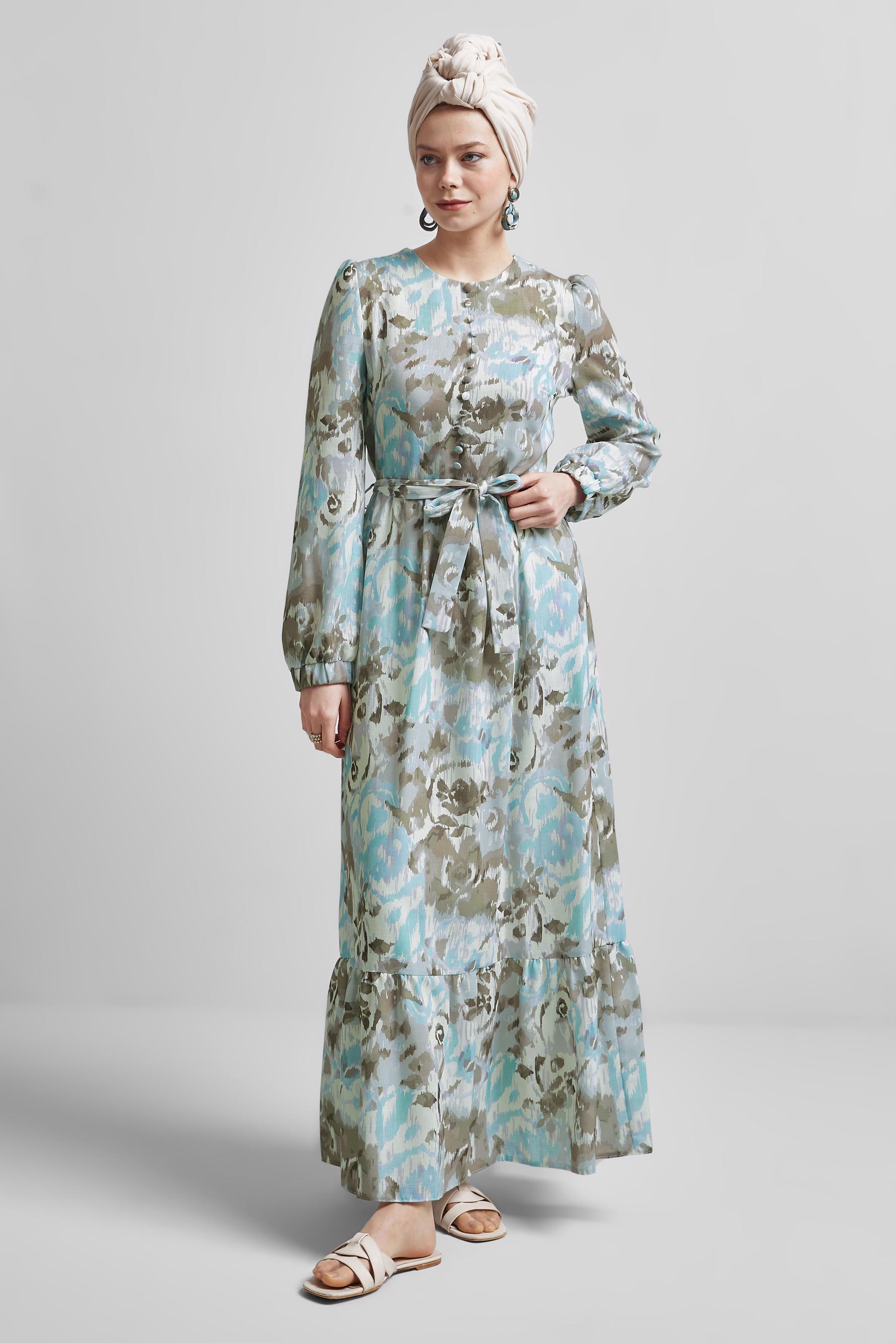 Tesettür giyim VİZON KUŞAKLI DESENLİ ELBİSE 45459