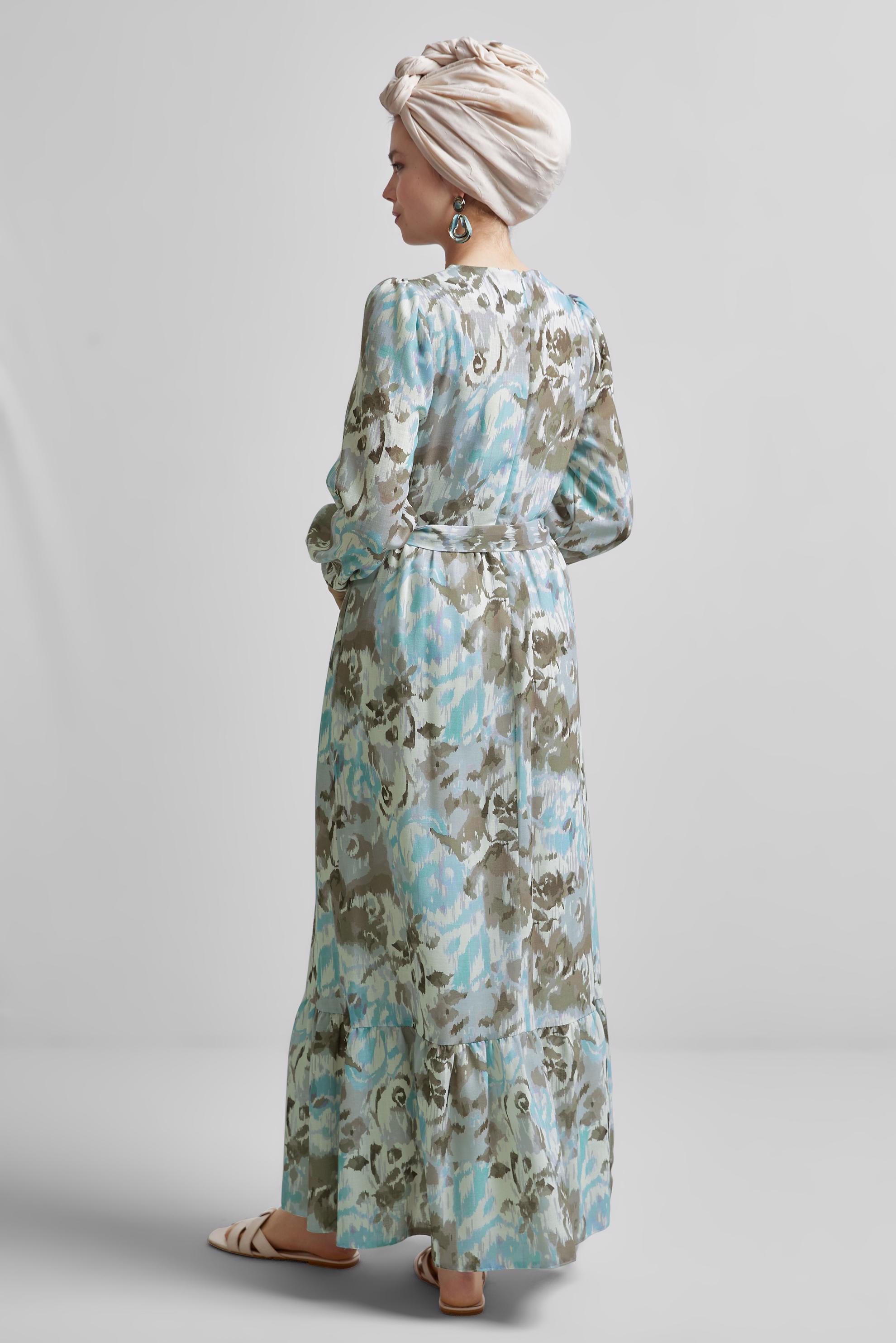 Tesettür giyim VİZON KUŞAKLI DESENLİ ELBİSE 45459