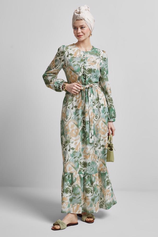 Hijab-Kleidung KHAKI GEMUSTERTES KLEID MIT GÜRTEL 45459 - ALVİNA
