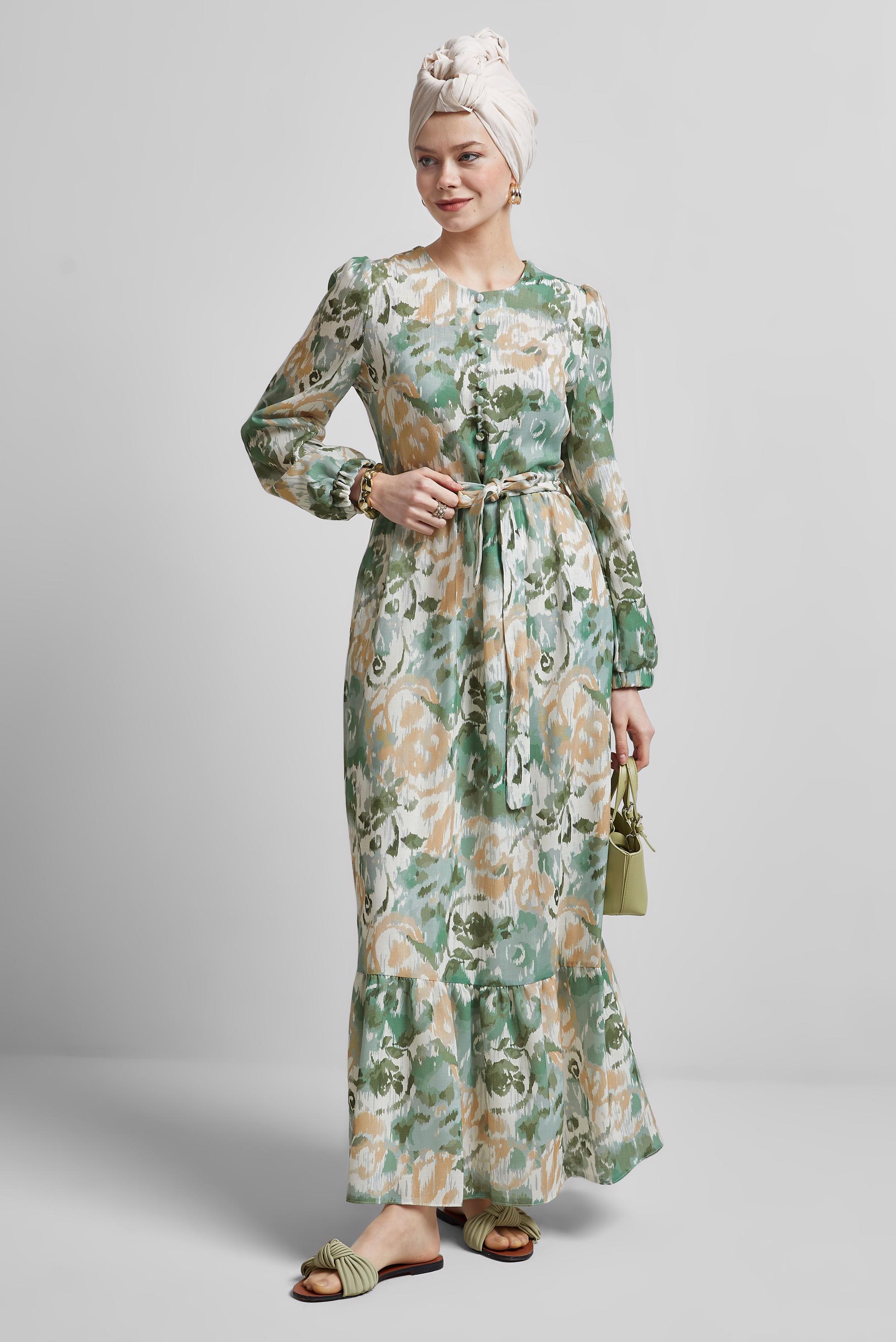 Tesettür giyim HAKİ KUŞAKLI DESENLİ ELBİSE 45459