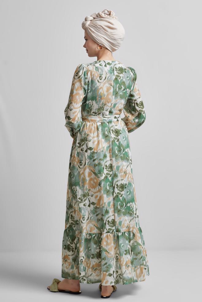 Hijab-Kleidung KHAKI GEMUSTERTES KLEID MIT GÜRTEL 45459 - ALVİNA