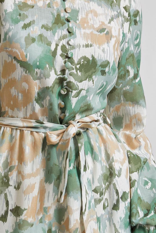 Hijab-Kleidung KHAKI GEMUSTERTES KLEID MIT GÜRTEL 45459 - ALVİNA