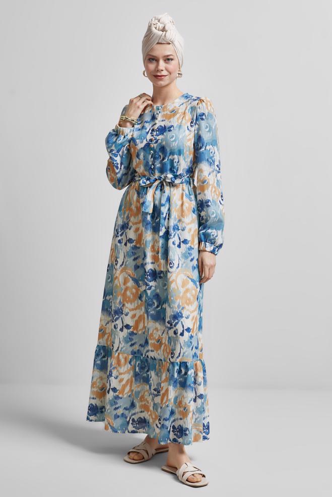Hijab clothing NAVY BLUE BELTED PATTERNED DRESS 45459 - ALVİNA
