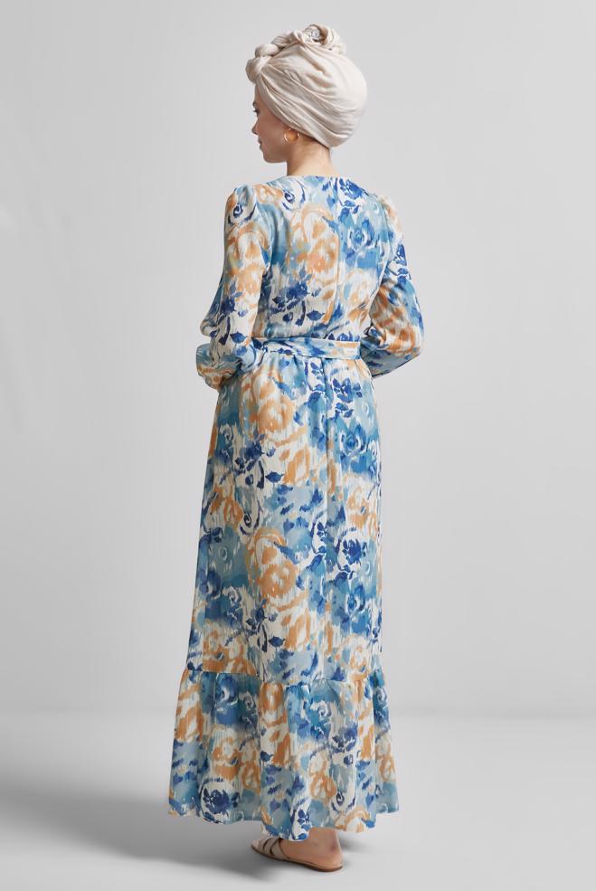 Hijab clothing NAVY BLUE BELTED PATTERNED DRESS 45459 - ALVİNA