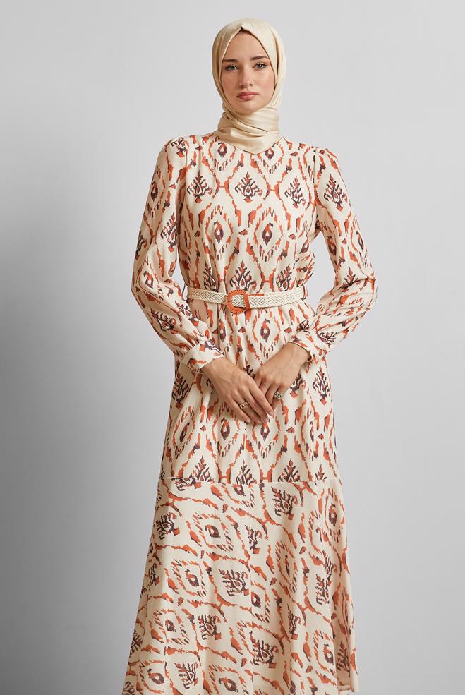 Hijab-Kleidung ORANGE KLEID MIT GÜRTEL 45490 - ALVİNA