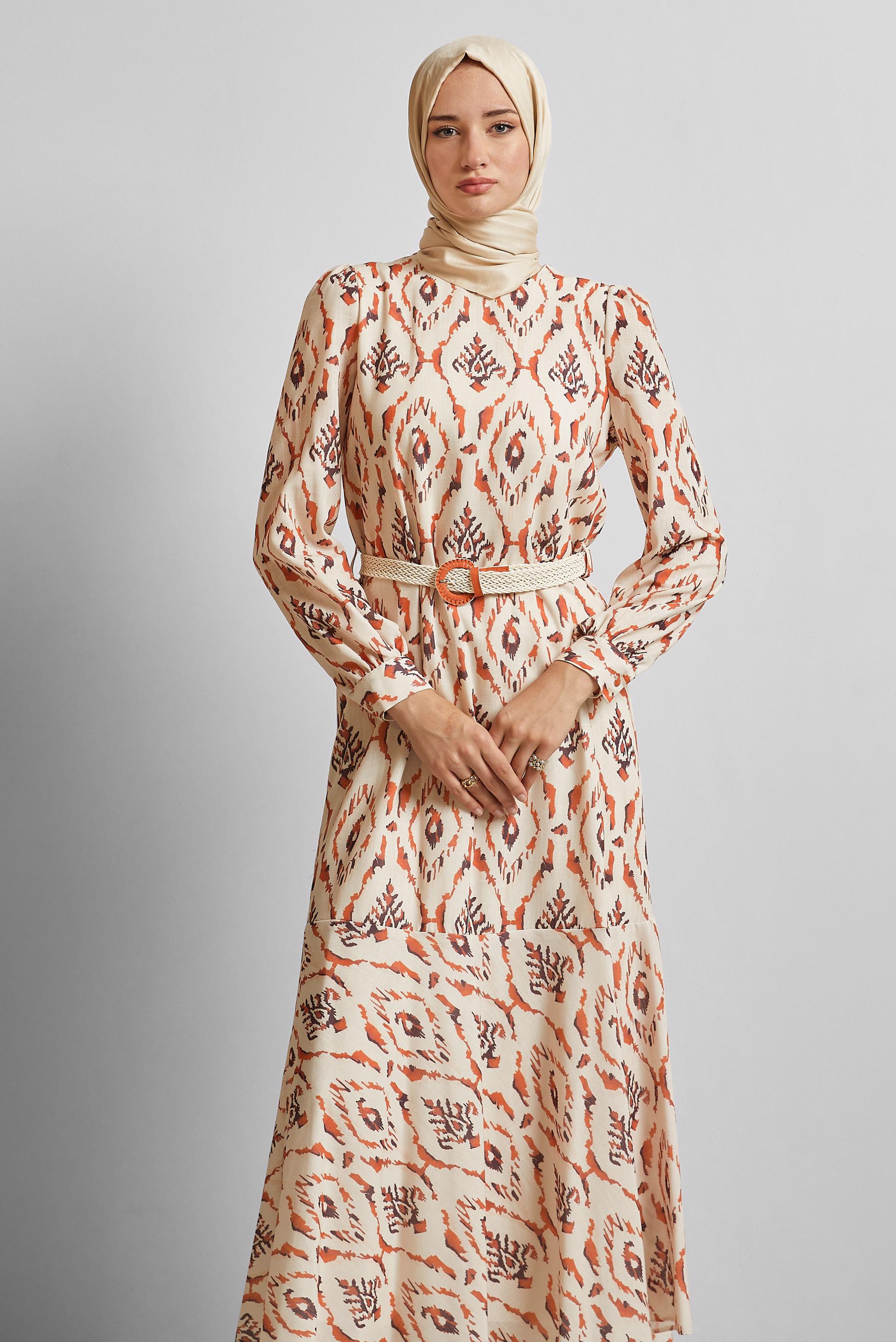 Tesettür giyim TURUNCU KETEN GÖRÜNÜMLÜ KEMERLİ ELBİSE 45490
