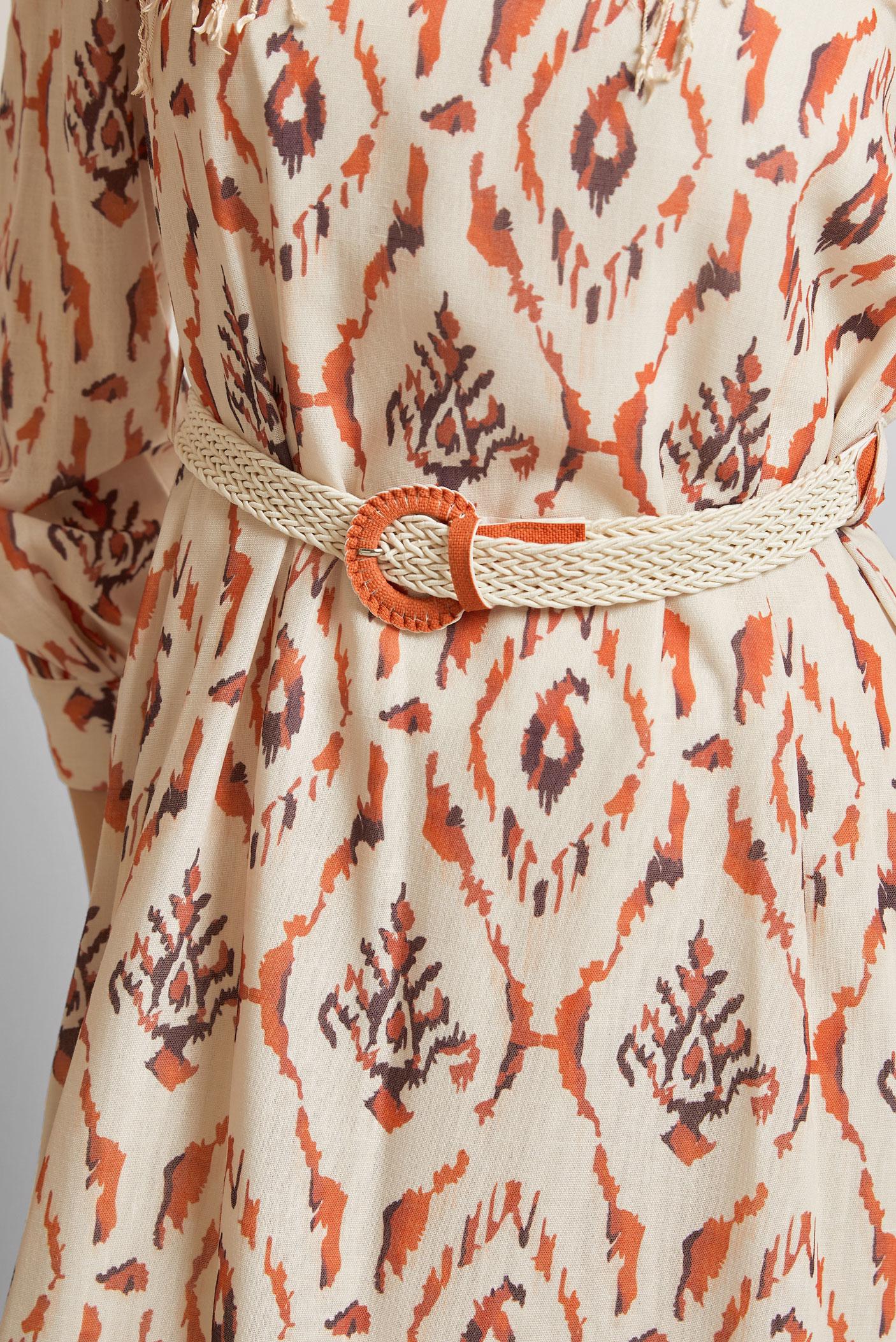 Tesettür giyim TURUNCU KETEN GÖRÜNÜMLÜ KEMERLİ ELBİSE 45490