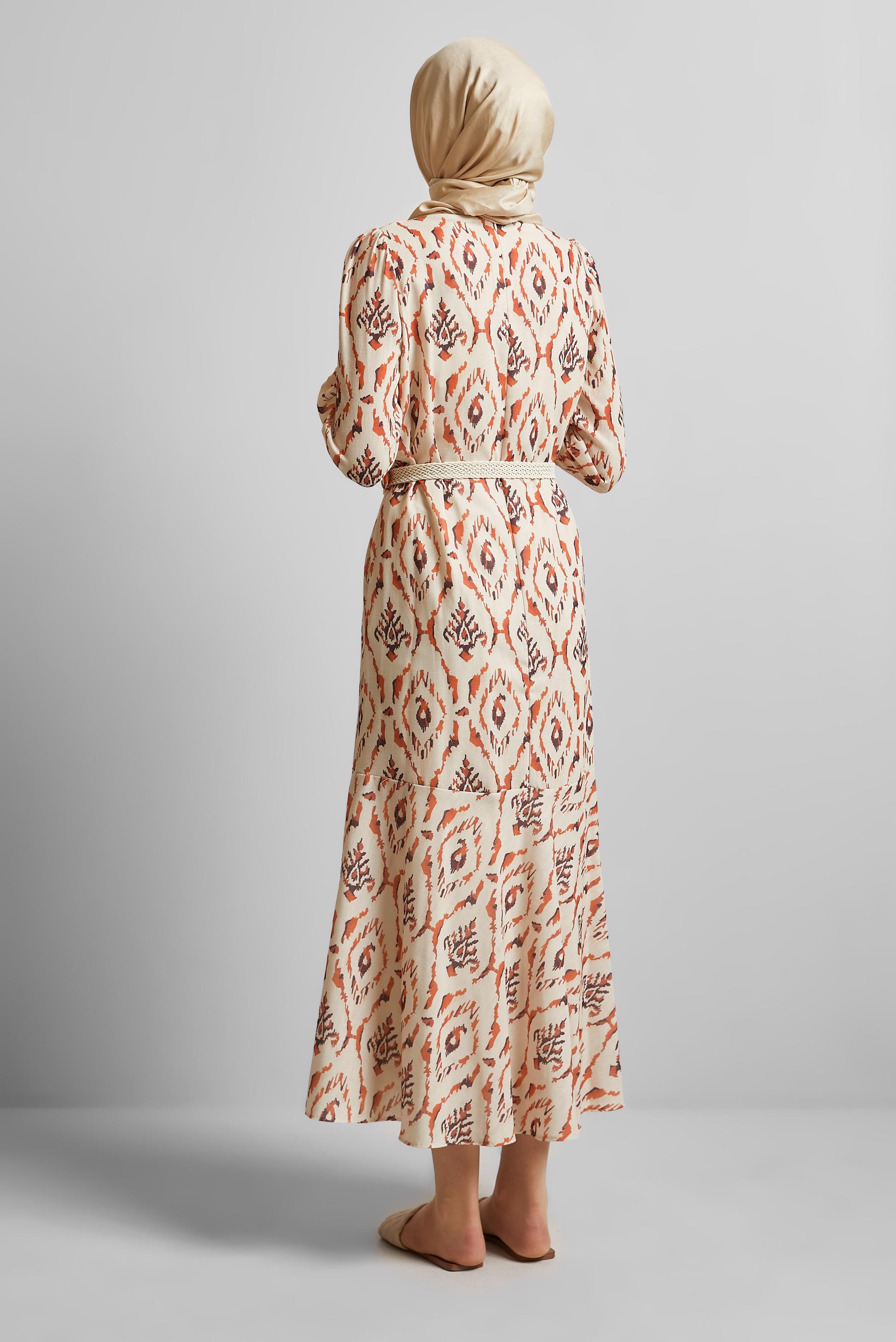 Tesettür giyim TURUNCU KETEN GÖRÜNÜMLÜ KEMERLİ ELBİSE 45490