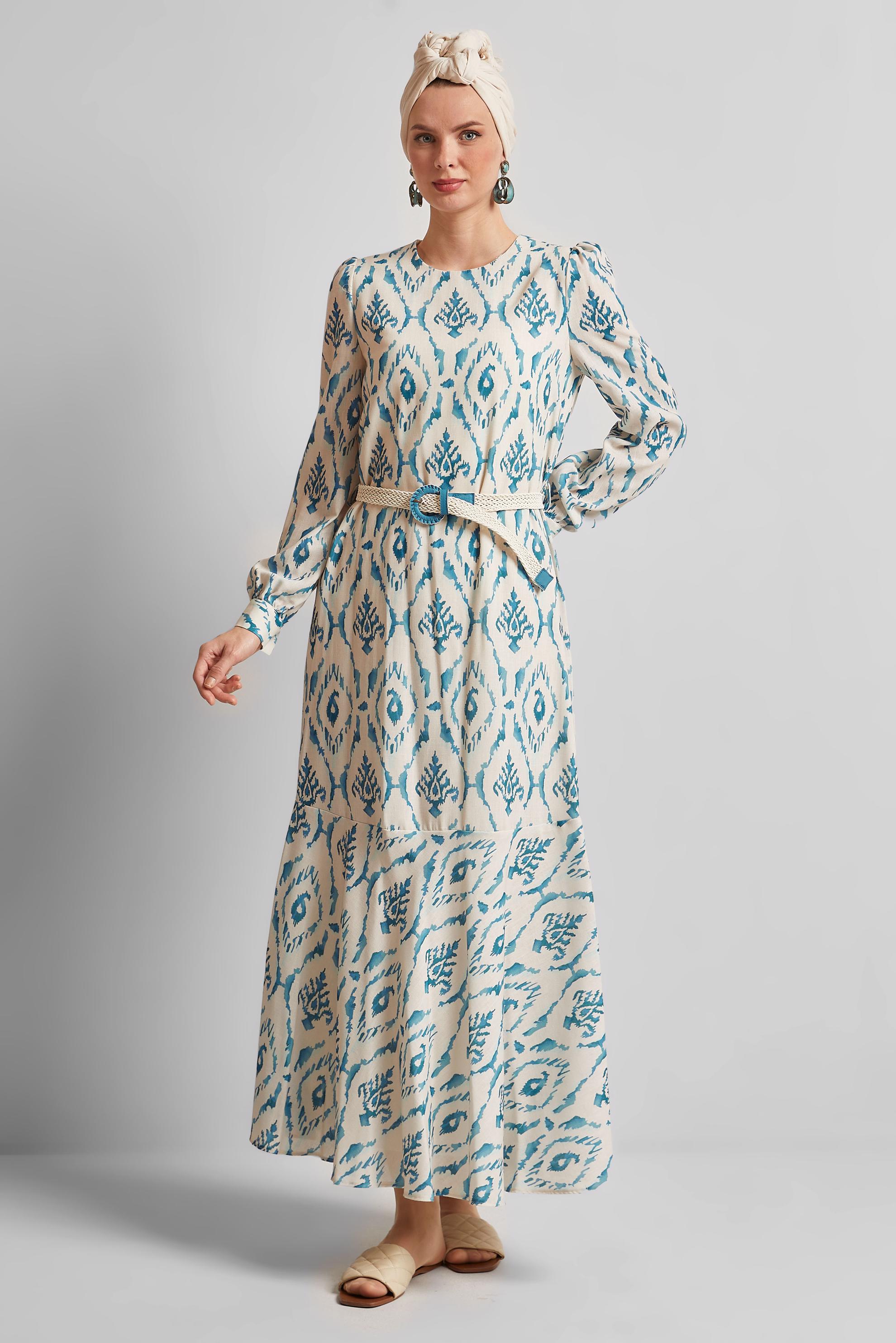 Tesettür giyim LACİVERT KETEN GÖRÜNÜMLÜ KEMERLİ ELBİSE 45490