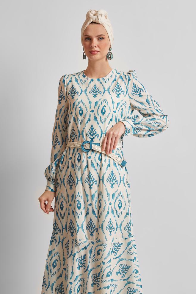 Vêtements hijab BLEU MARINE ROBE CEINTURÉE 45490 - ALVİNA
