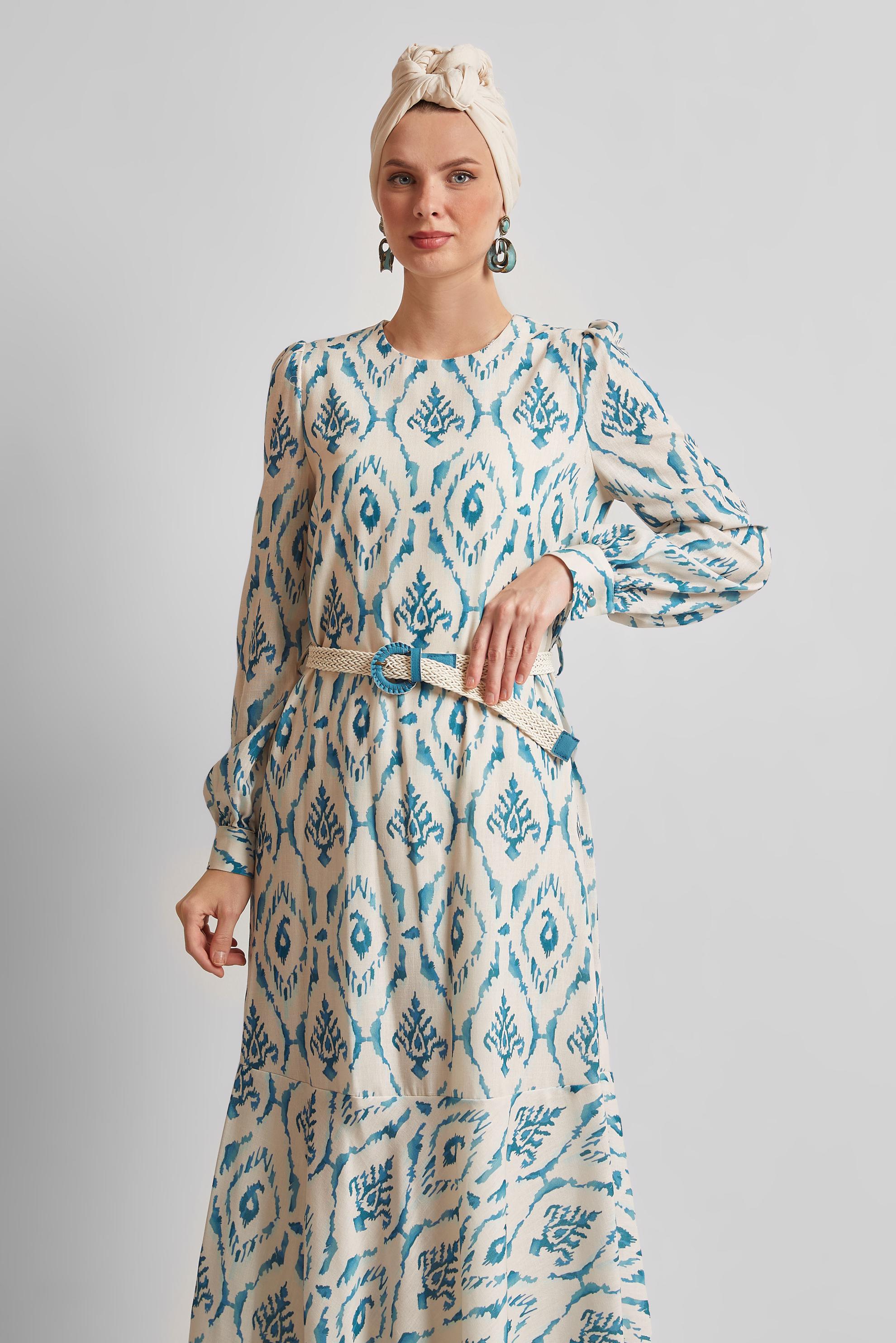 Tesettür giyim LACİVERT KETEN GÖRÜNÜMLÜ KEMERLİ ELBİSE 45490