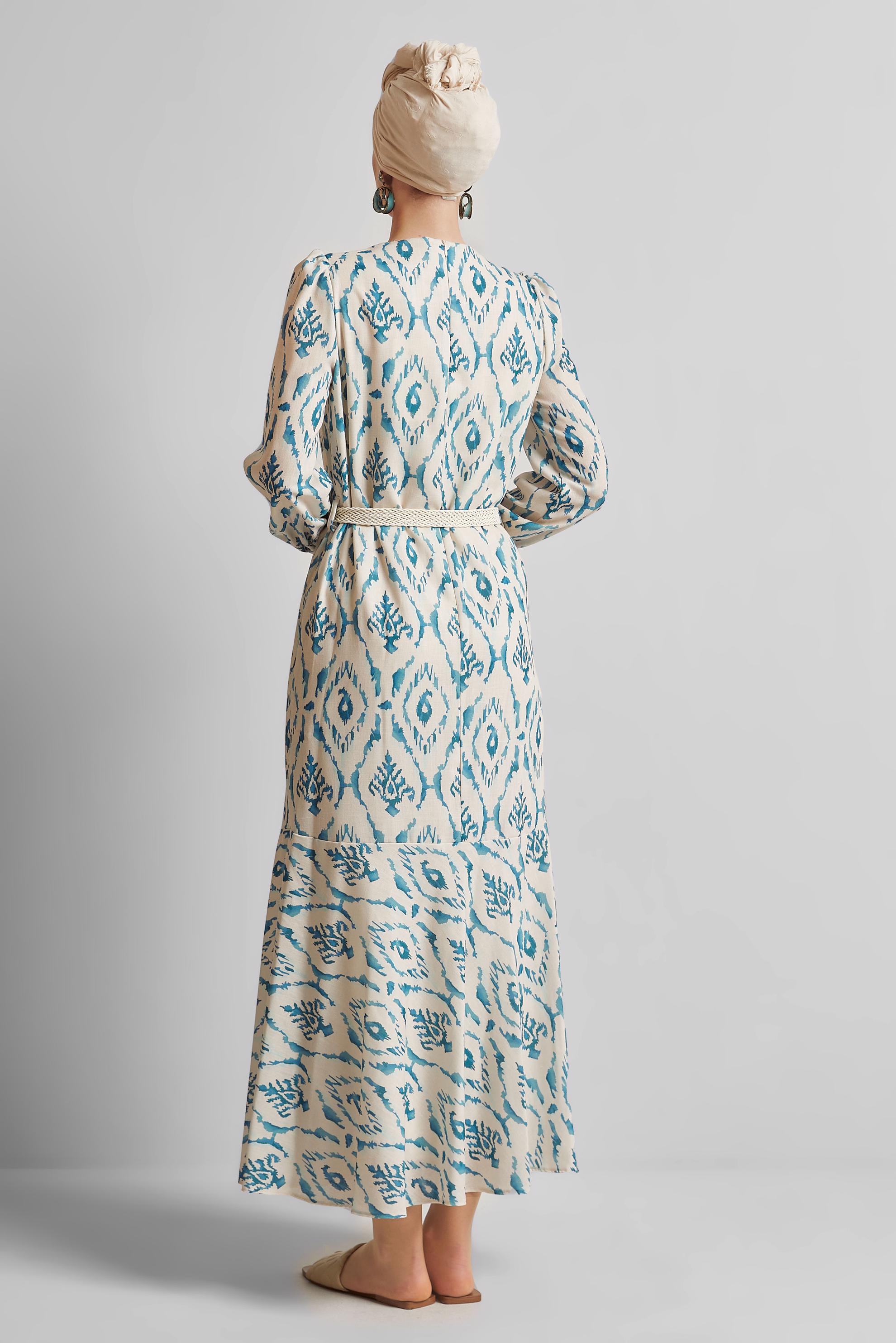 Tesettür giyim LACİVERT KETEN GÖRÜNÜMLÜ KEMERLİ ELBİSE 45490