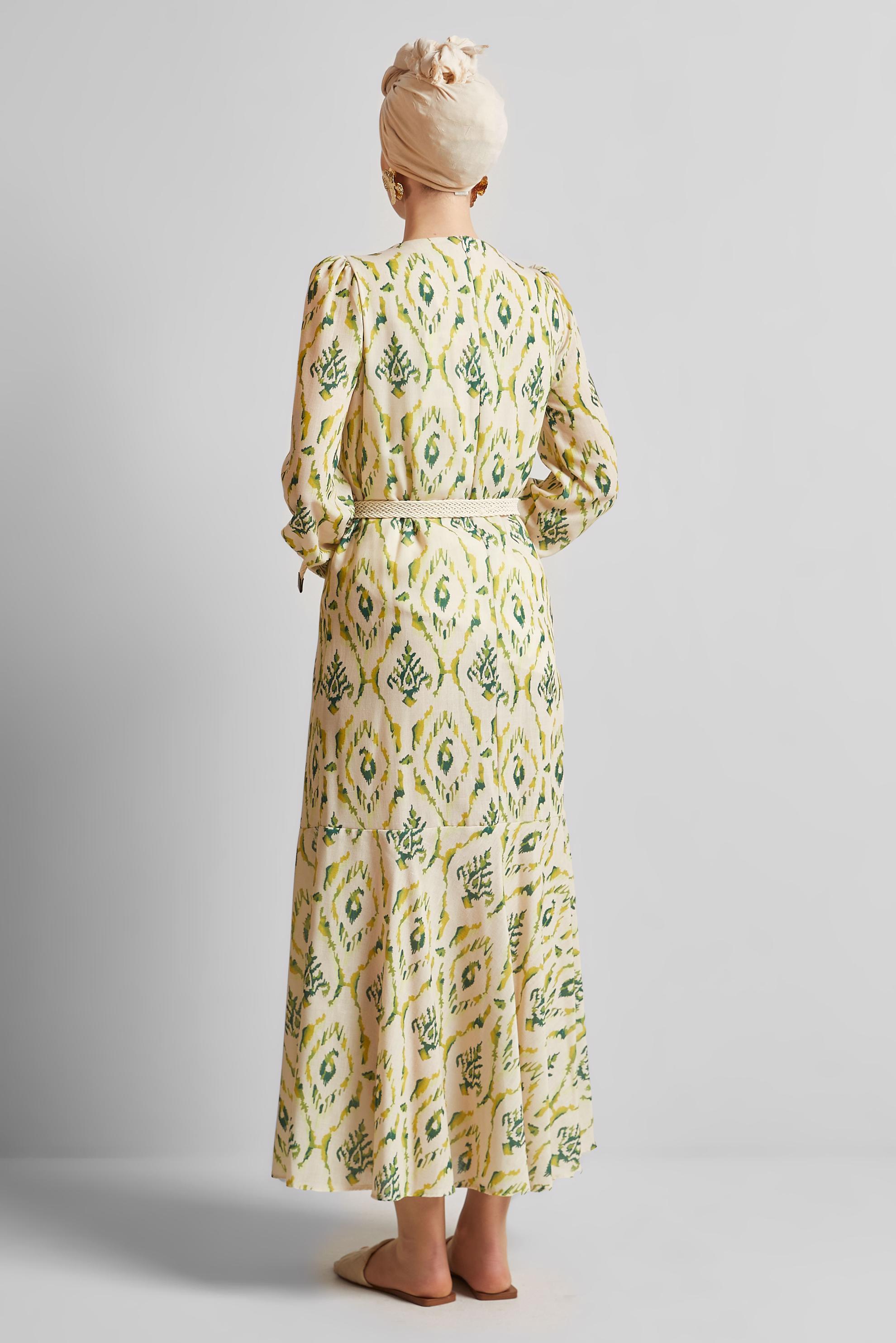 Tesettür giyim YEŞİL KETEN GÖRÜNÜMLÜ KEMERLİ ELBİSE 45490