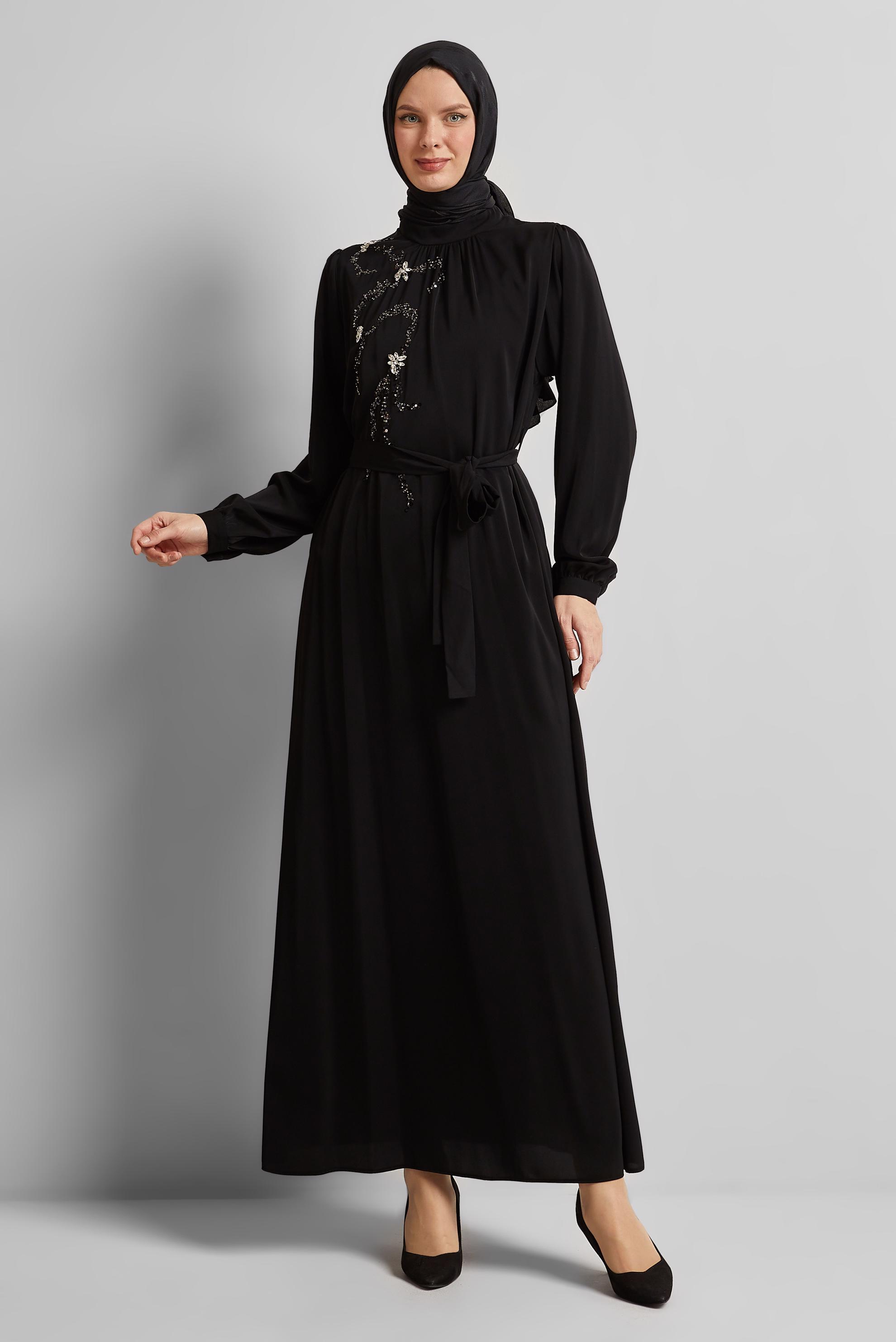 Tesettür giyim SİYAH KUŞAKLI ELBİSE 45491