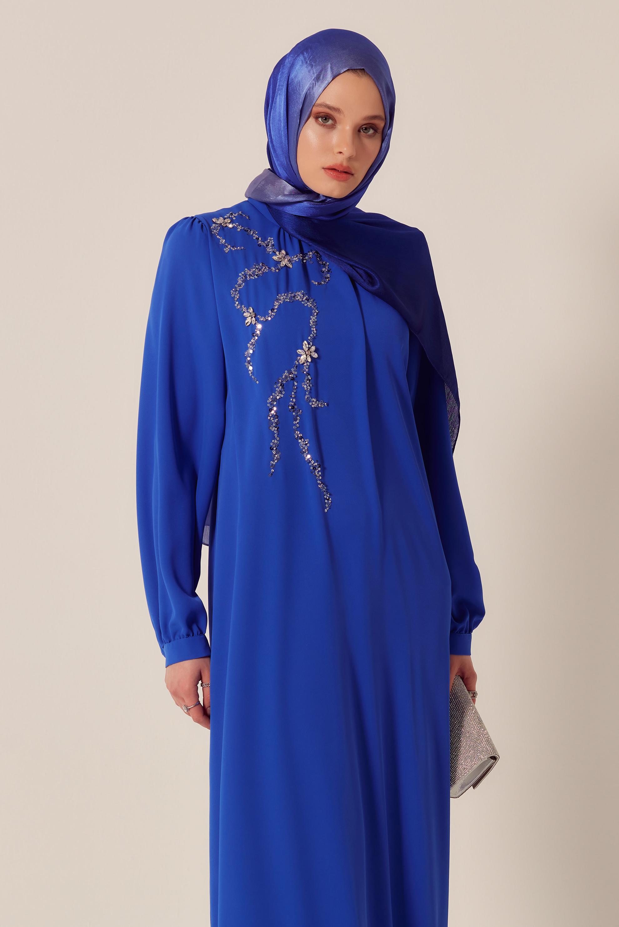 Tesettür giyim LACİVERT KUŞAKLI ELBİSE 45491