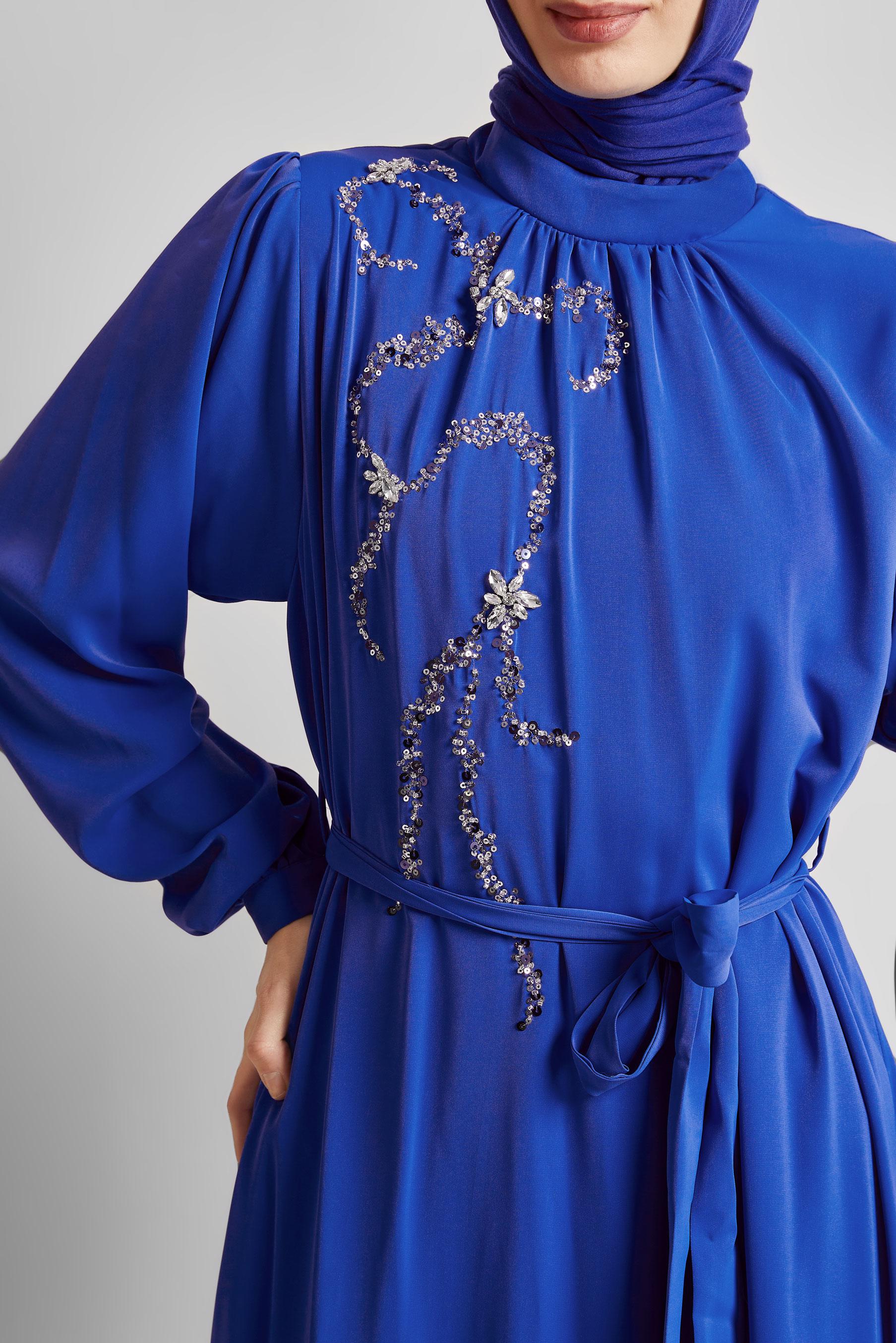 Tesettür giyim LACİVERT KUŞAKLI ELBİSE 45491