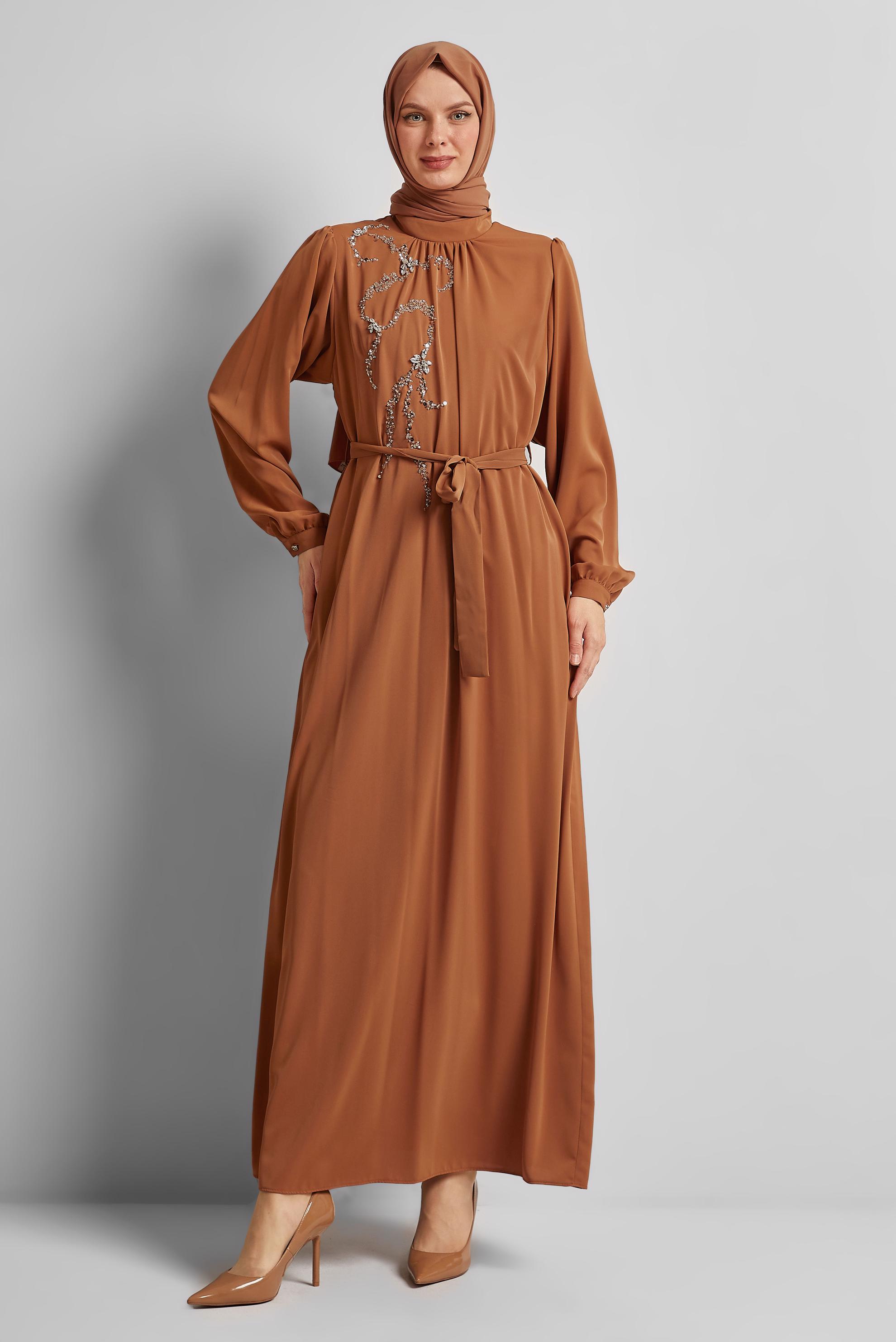 Tesettür giyim KAHVE KUŞAKLI ELBİSE 45491