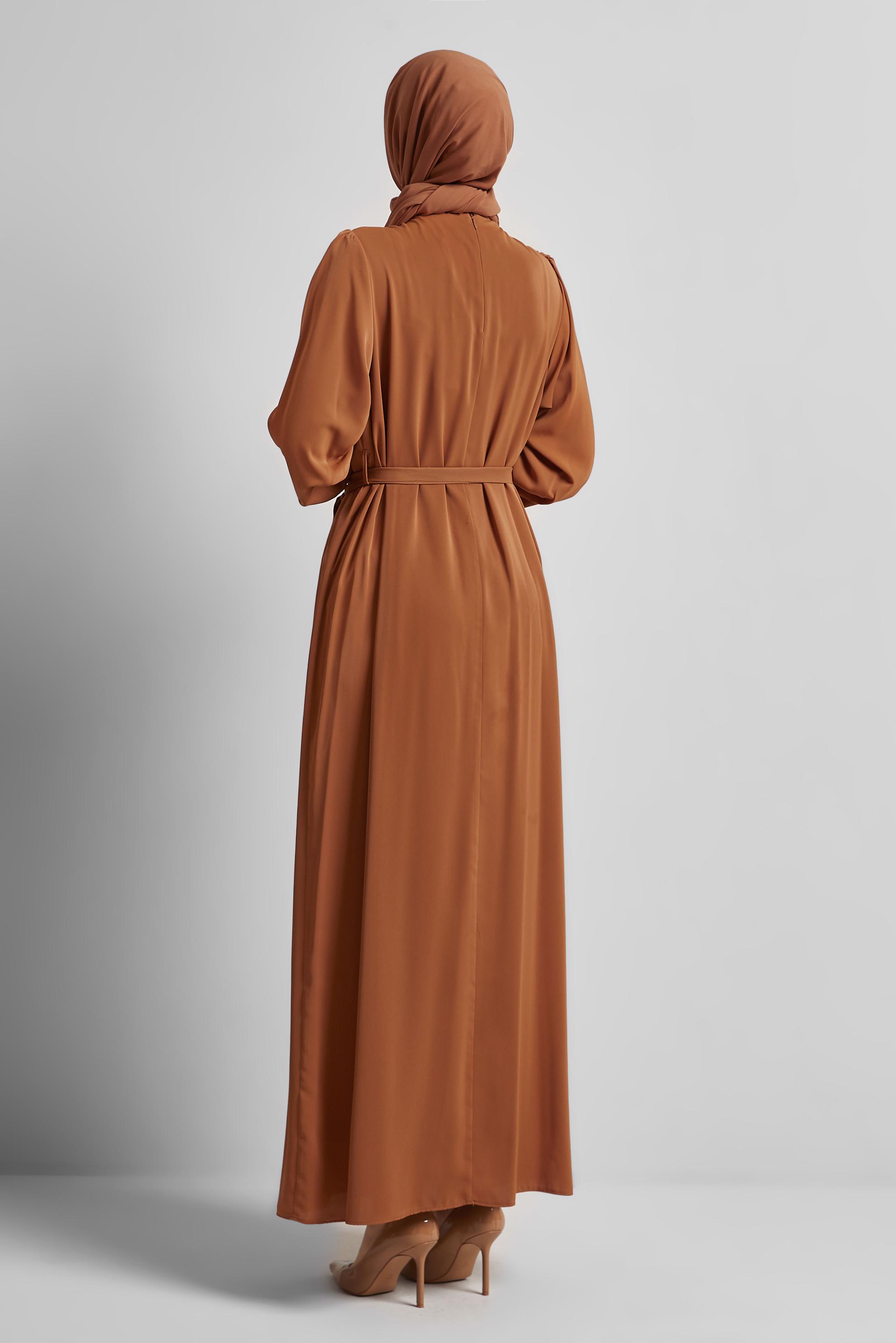 Tesettür giyim KAHVE KUŞAKLI ELBİSE 45491