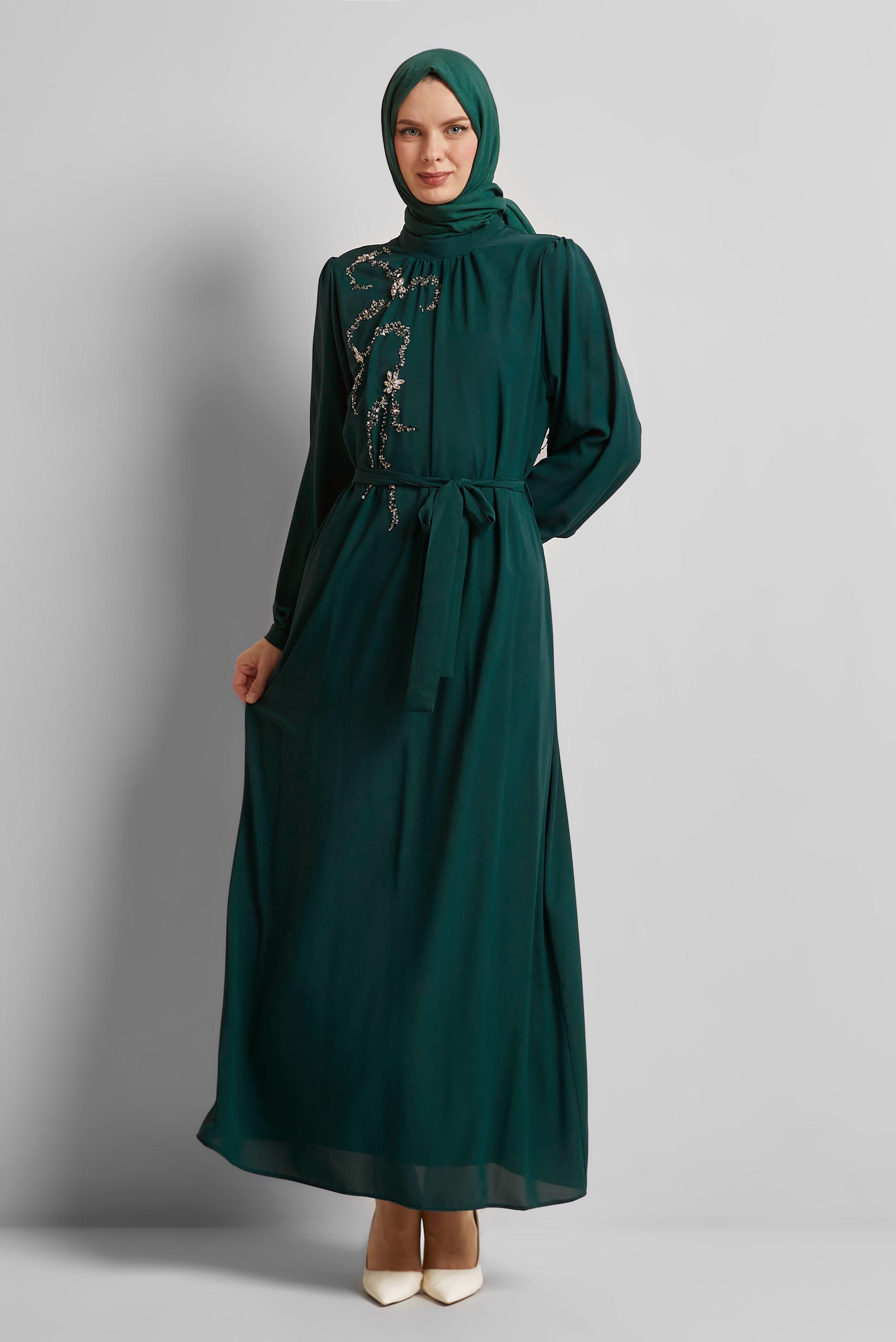 Tesettür giyim YEŞİL KUŞAKLI ELBİSE 45491