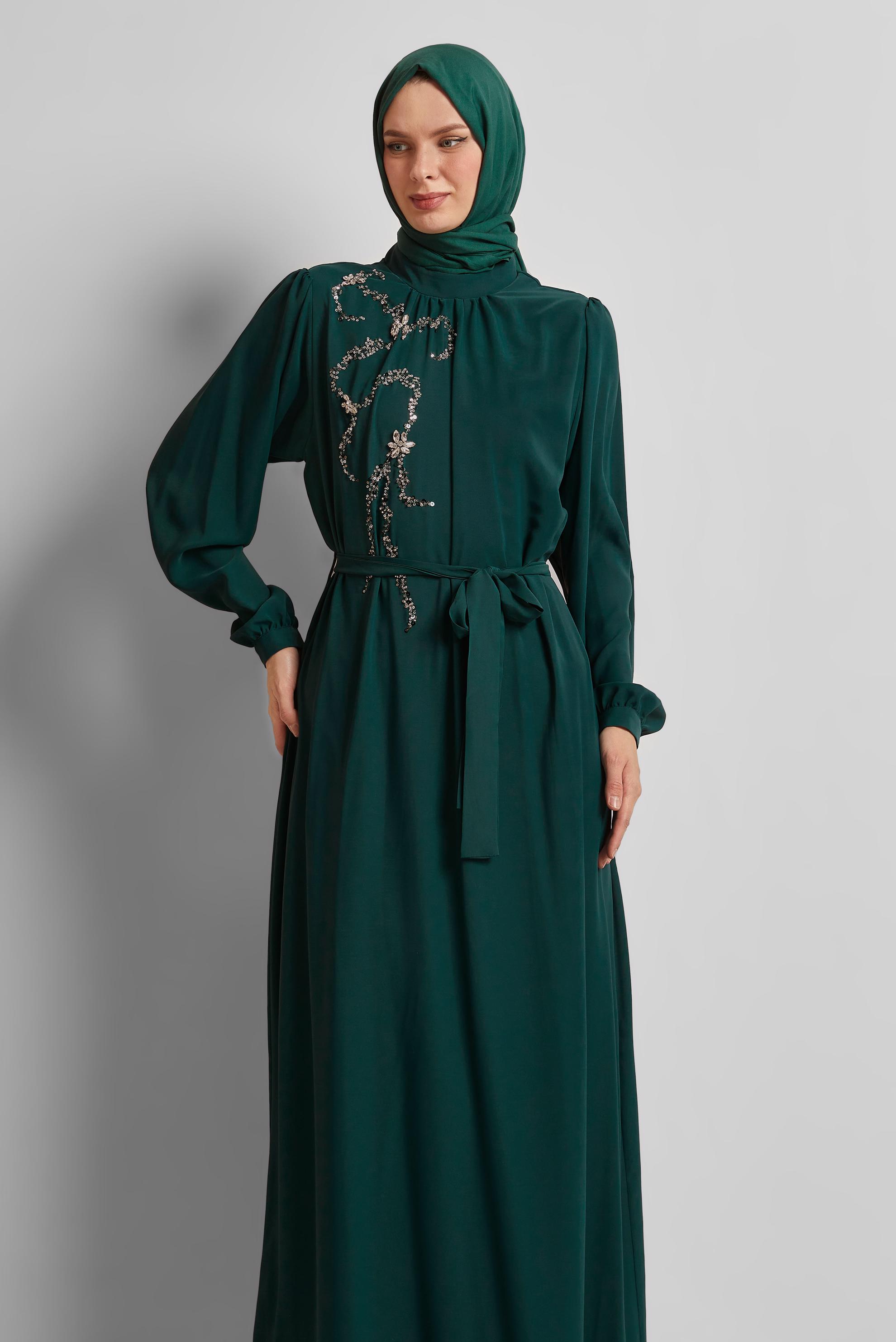 Tesettür giyim YEŞİL KUŞAKLI ELBİSE 45491