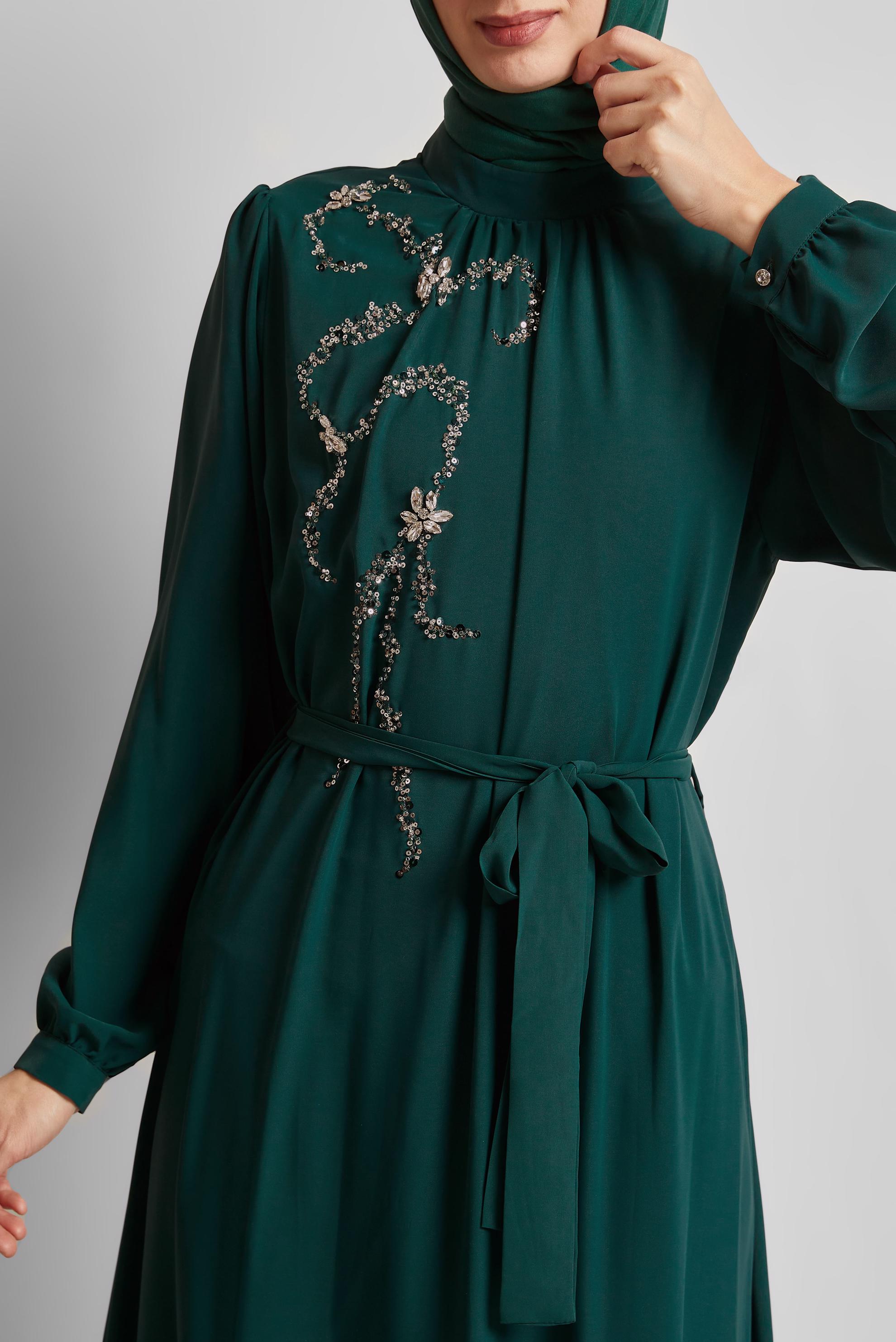 Tesettür giyim YEŞİL KUŞAKLI ELBİSE 45491