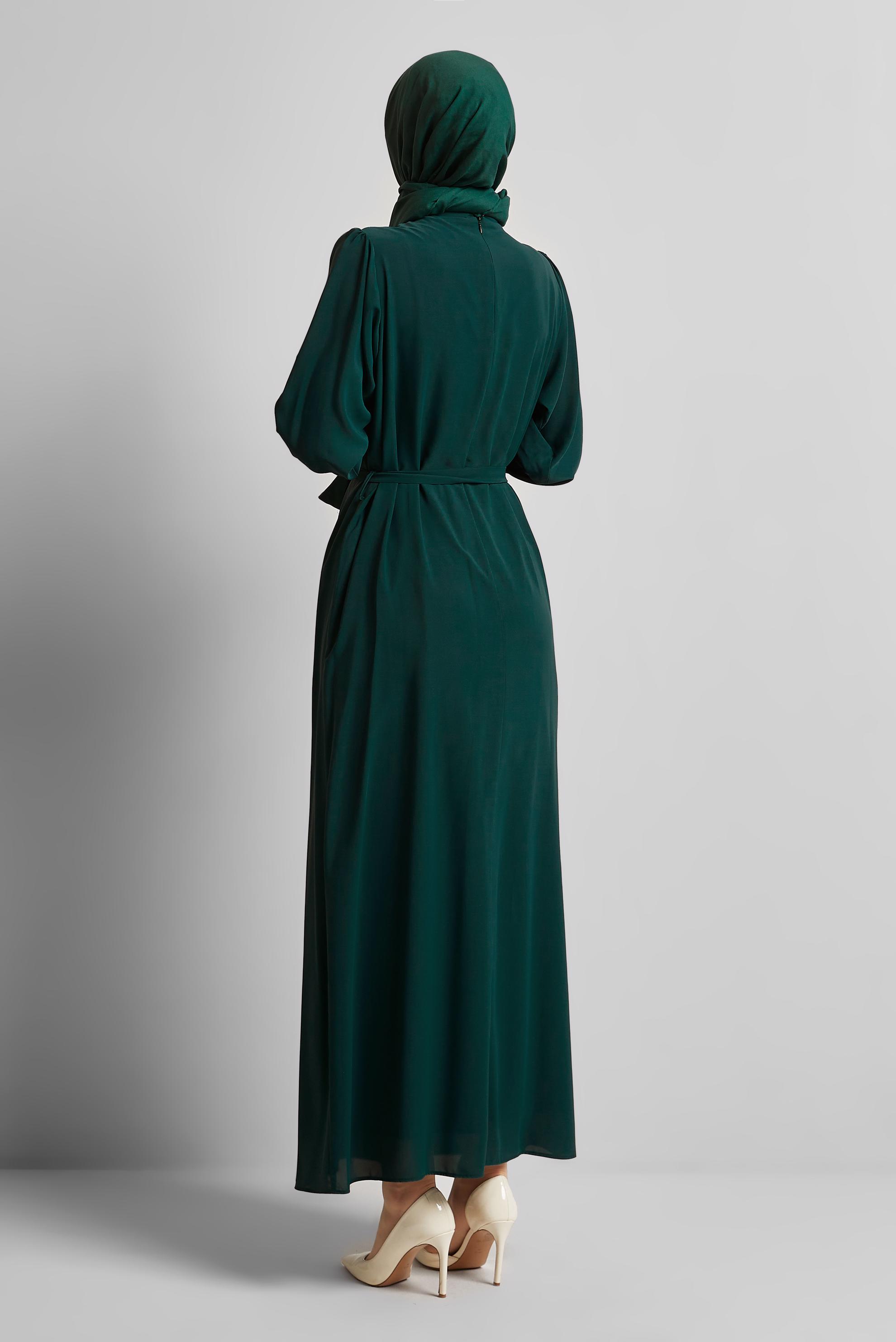 Tesettür giyim YEŞİL KUŞAKLI ELBİSE 45491