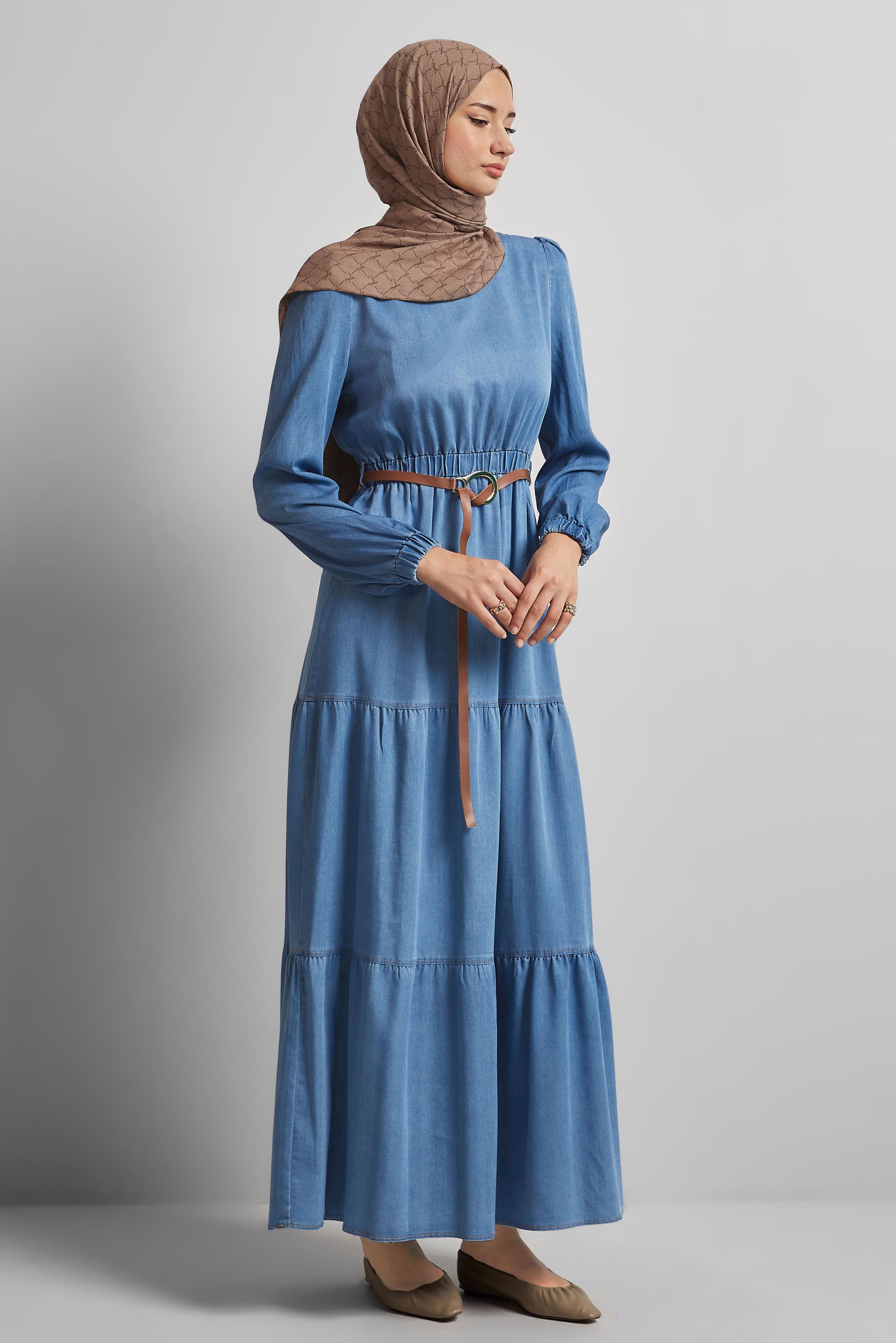 Tesettür giyim MAVİ KEMERLİ DENİM ELBİSE 45502