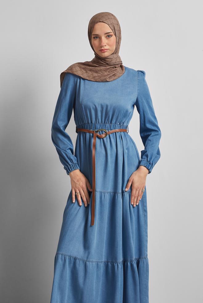 Vêtements hijab BLEU ROBE EN JEAN CEINTURÉE 45502 - ALVİNA