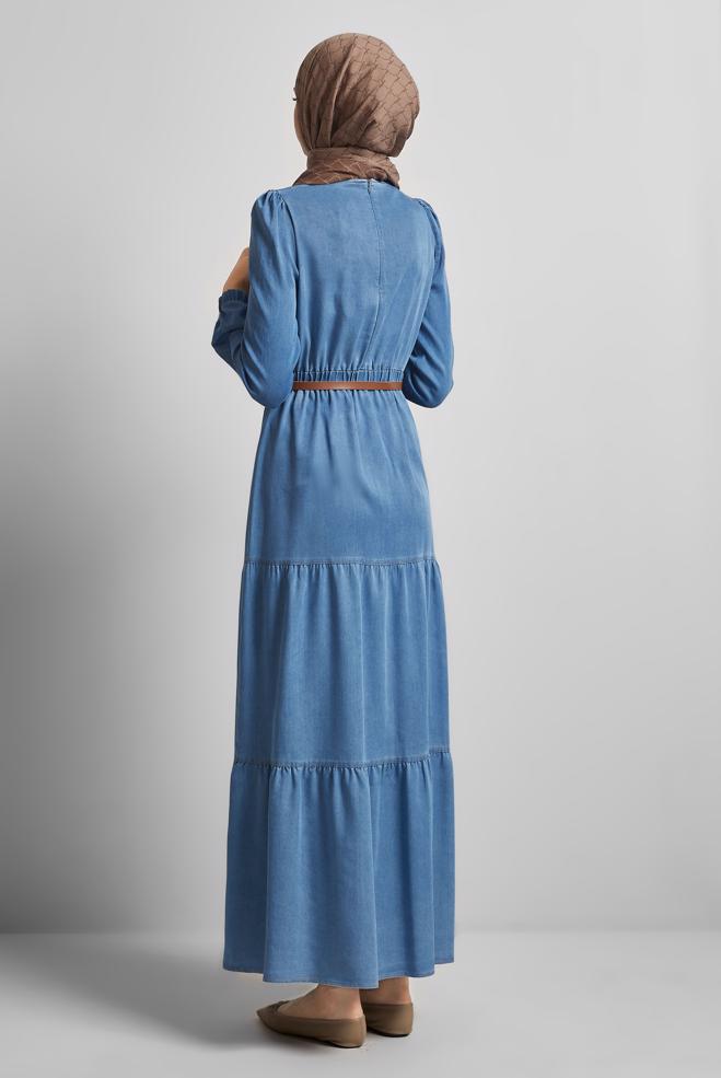 Vêtements hijab BLEU ROBE EN JEAN CEINTURÉE 45502 - ALVİNA