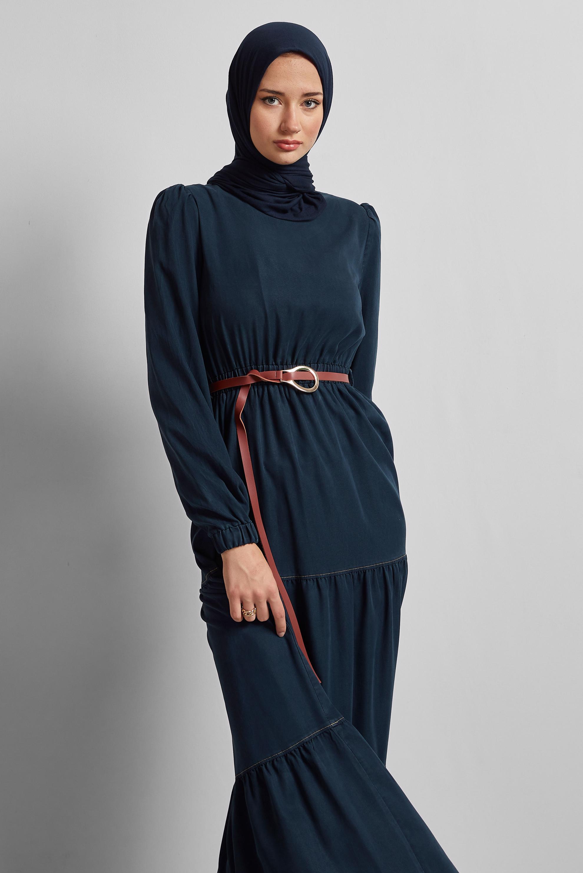 Tesettür giyim LACİVERT KEMERLİ DENİM ELBİSE 45502