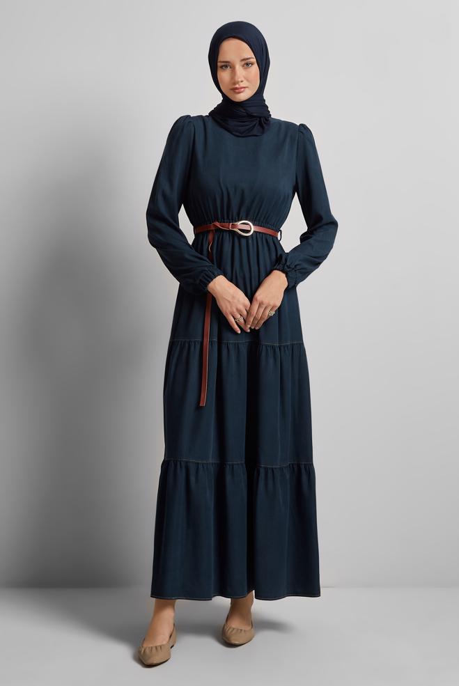 Vêtements hijab BLEU MARINE ROBE EN JEAN CEINTURÉE 45502 - ALVİNA
