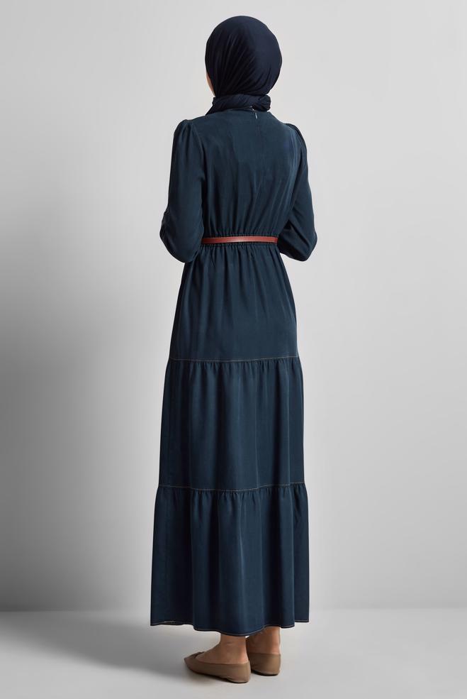 Vêtements hijab BLEU MARINE ROBE EN JEAN CEINTURÉE 45502 - ALVİNA