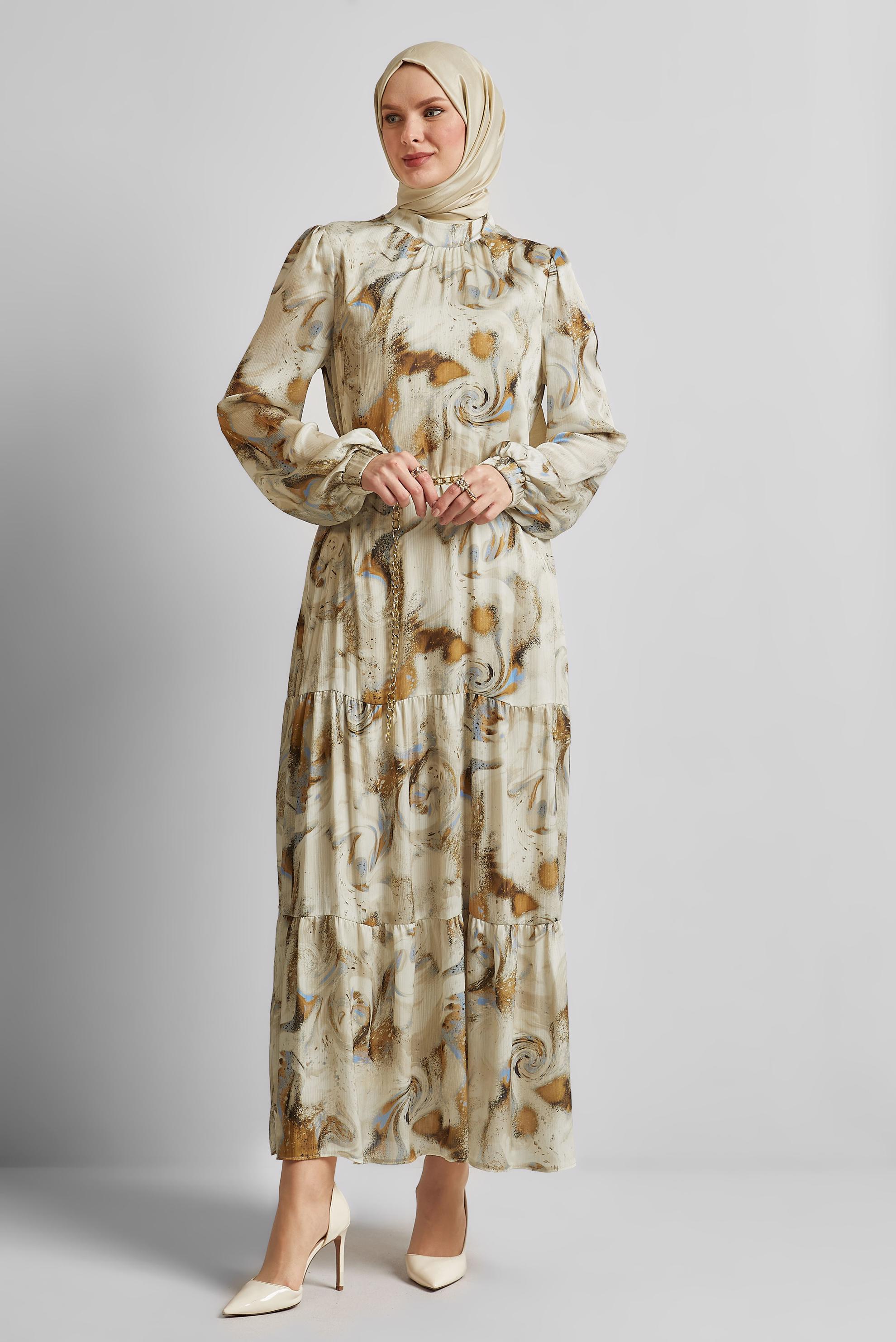 Tesettür giyim BEJ DESENLİ SATEN ELBİSE 45511