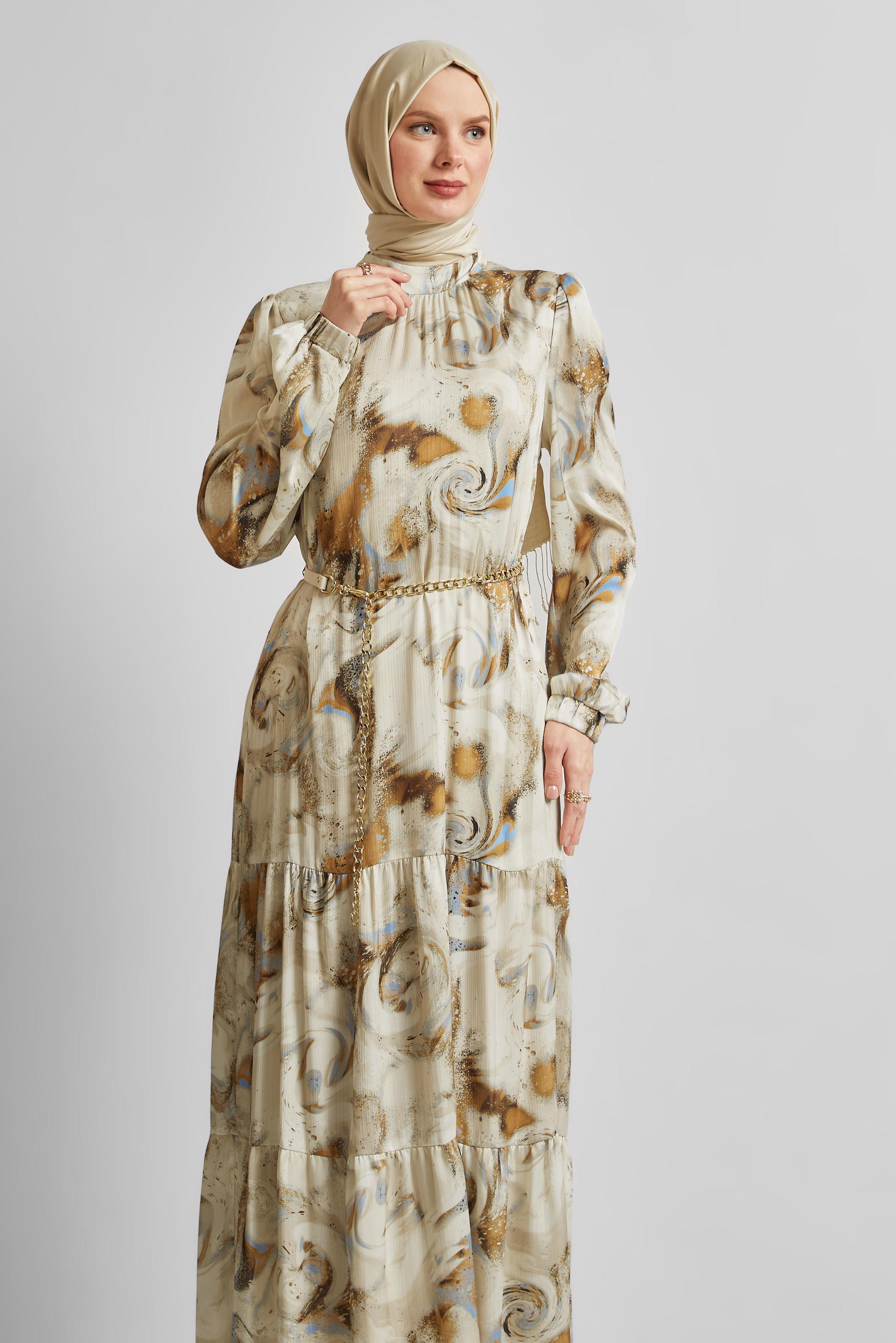 Tesettür giyim BEJ DESENLİ SATEN ELBİSE 45511