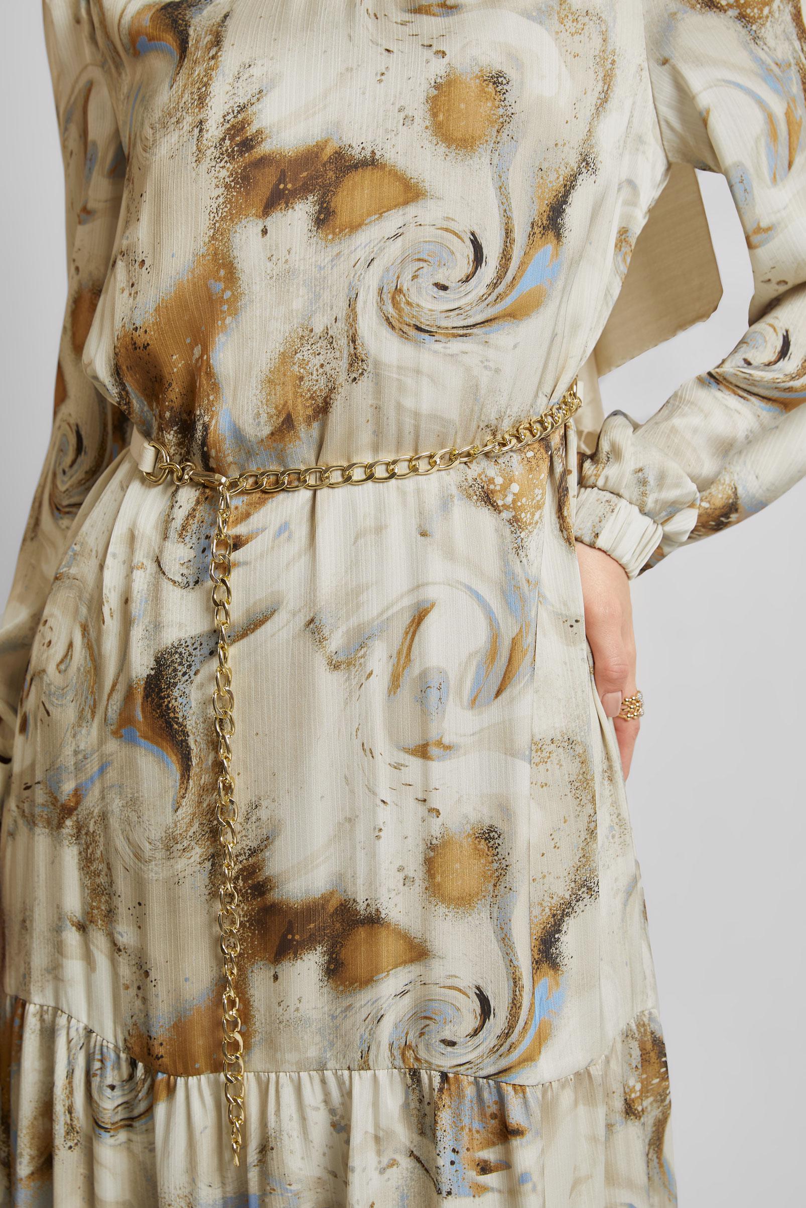 Tesettür giyim BEJ DESENLİ SATEN ELBİSE 45511