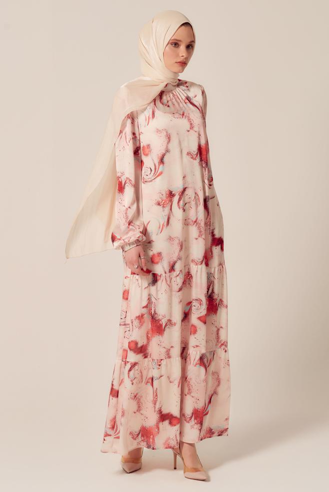 Vêtements hijab CORAIL ROBE EN SATIN À MOTIFS 45511 - ALVİNA