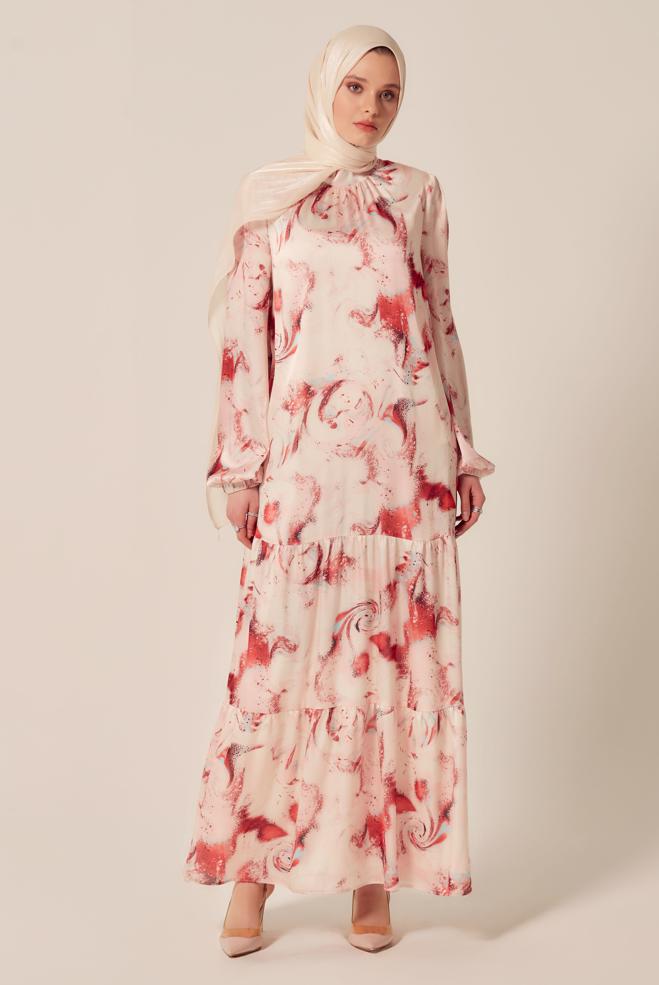 Vêtements hijab CORAIL ROBE EN SATIN À MOTIFS 45511 - ALVİNA