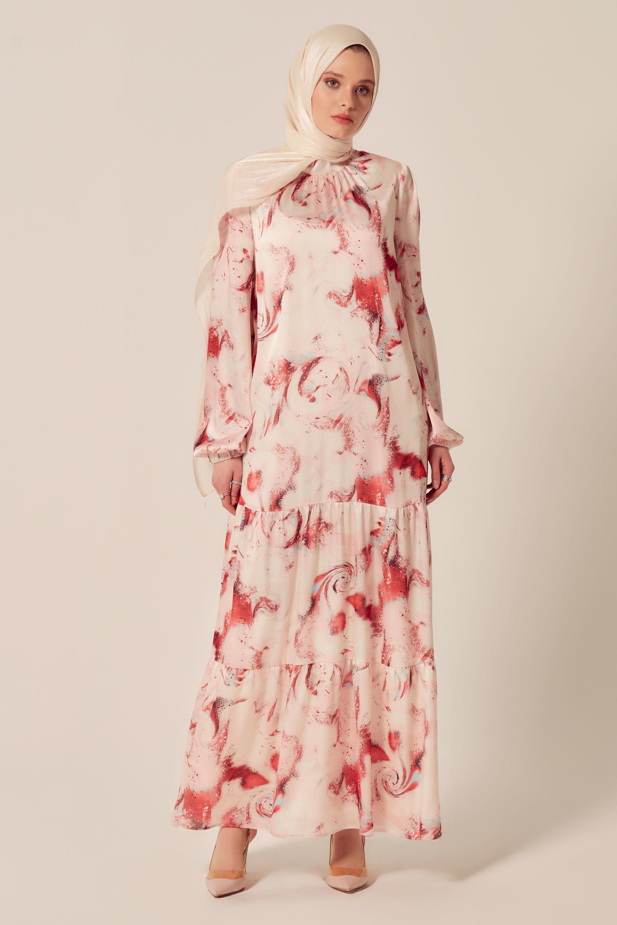 Tesettür giyim MERCAN DESENLİ SATEN ELBİSE 45511