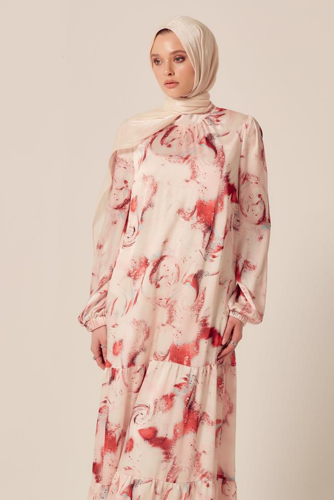 Vêtements hijab CORAIL ROBE EN SATIN À MOTIFS 45511 - ALVİNA