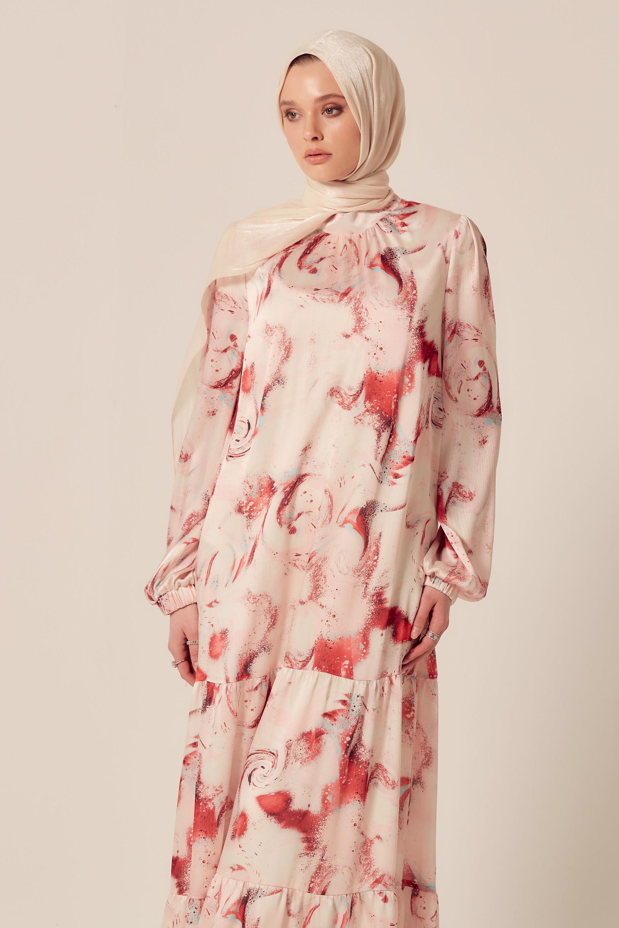 Tesettür giyim MERCAN DESENLİ SATEN ELBİSE 45511