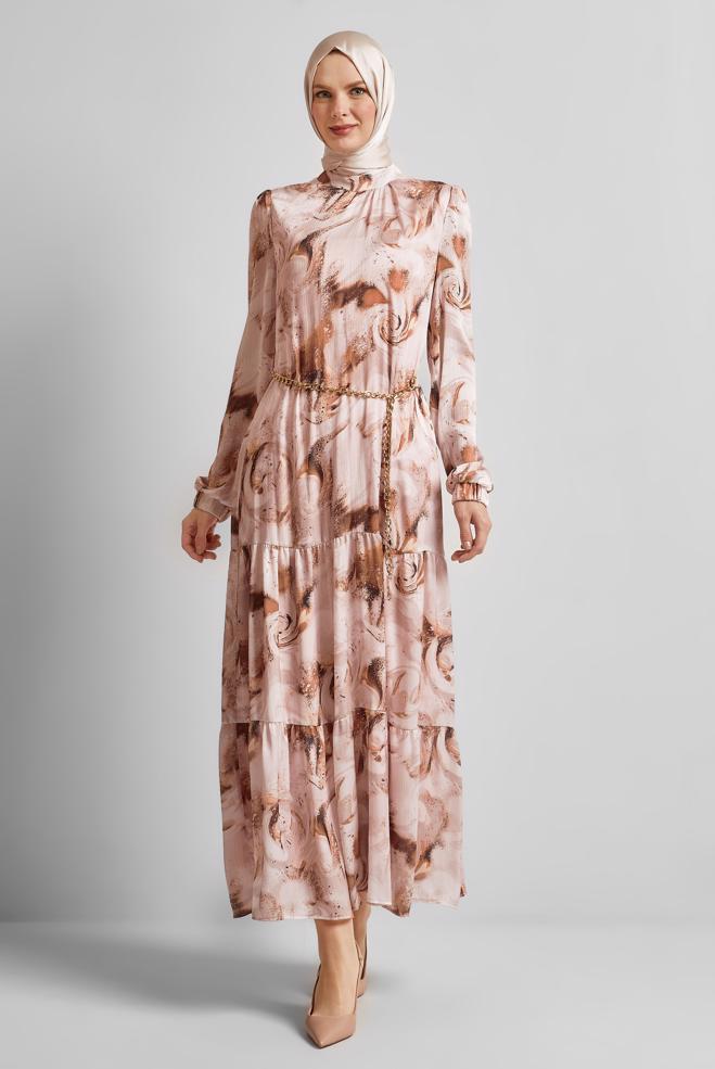 Hijab clothing POWDER PATTERNED SATIN DRESS 45511 - ALVİNA